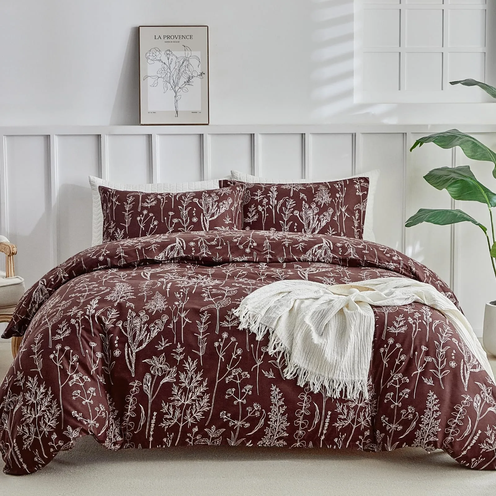 Tokokimo Set Copripiumino Matrimoniale 240x220 cm in Microfibra con Stile Rami e Foglie, 1 Copripiumino e 2 Federe 50x80 cm, Bordeaux - immagine 2
