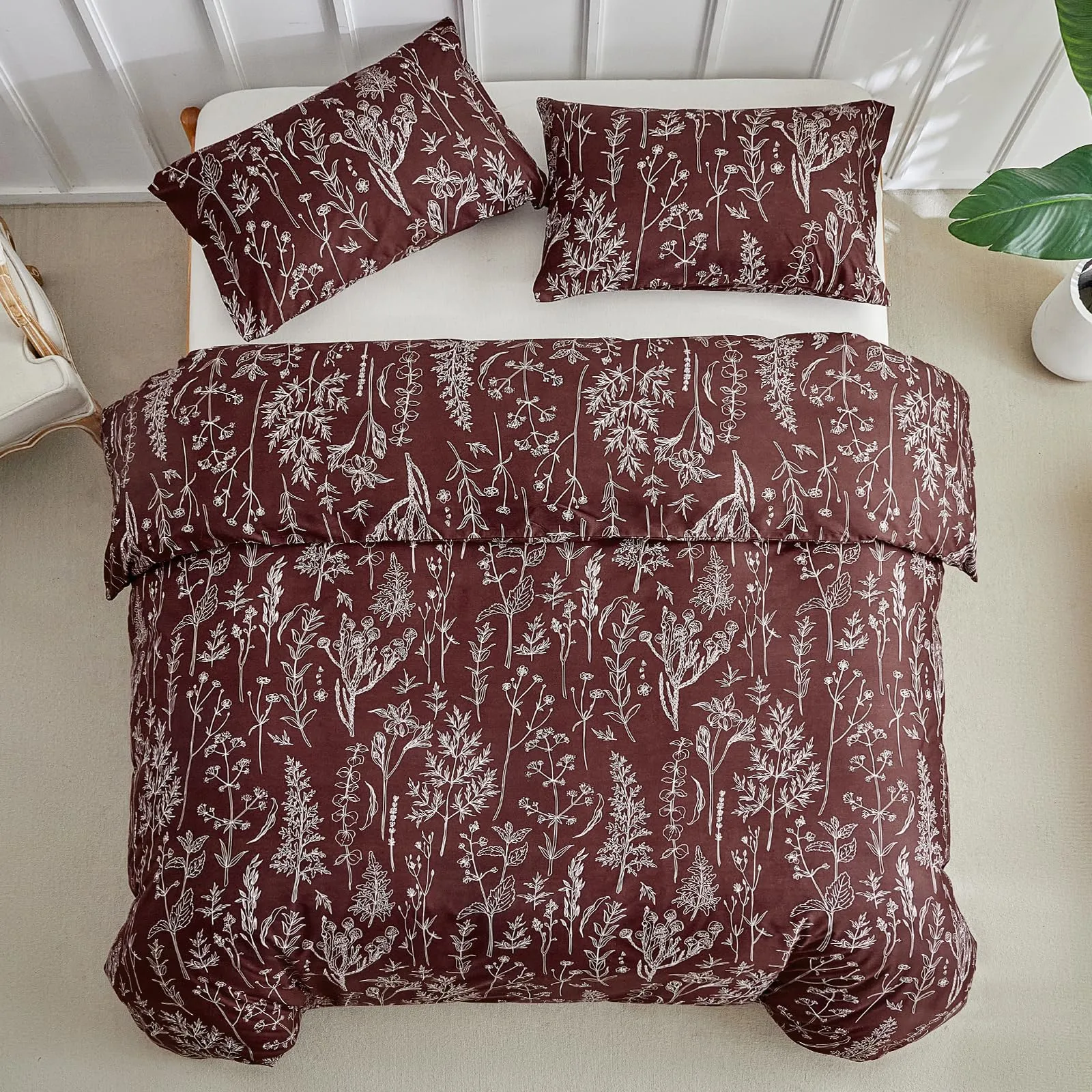 Tokokimo Set Copripiumino Matrimoniale 240x220 cm in Microfibra con Stile Rami e Foglie, 1 Copripiumino e 2 Federe 50x80 cm, Bordeaux - immagine 3