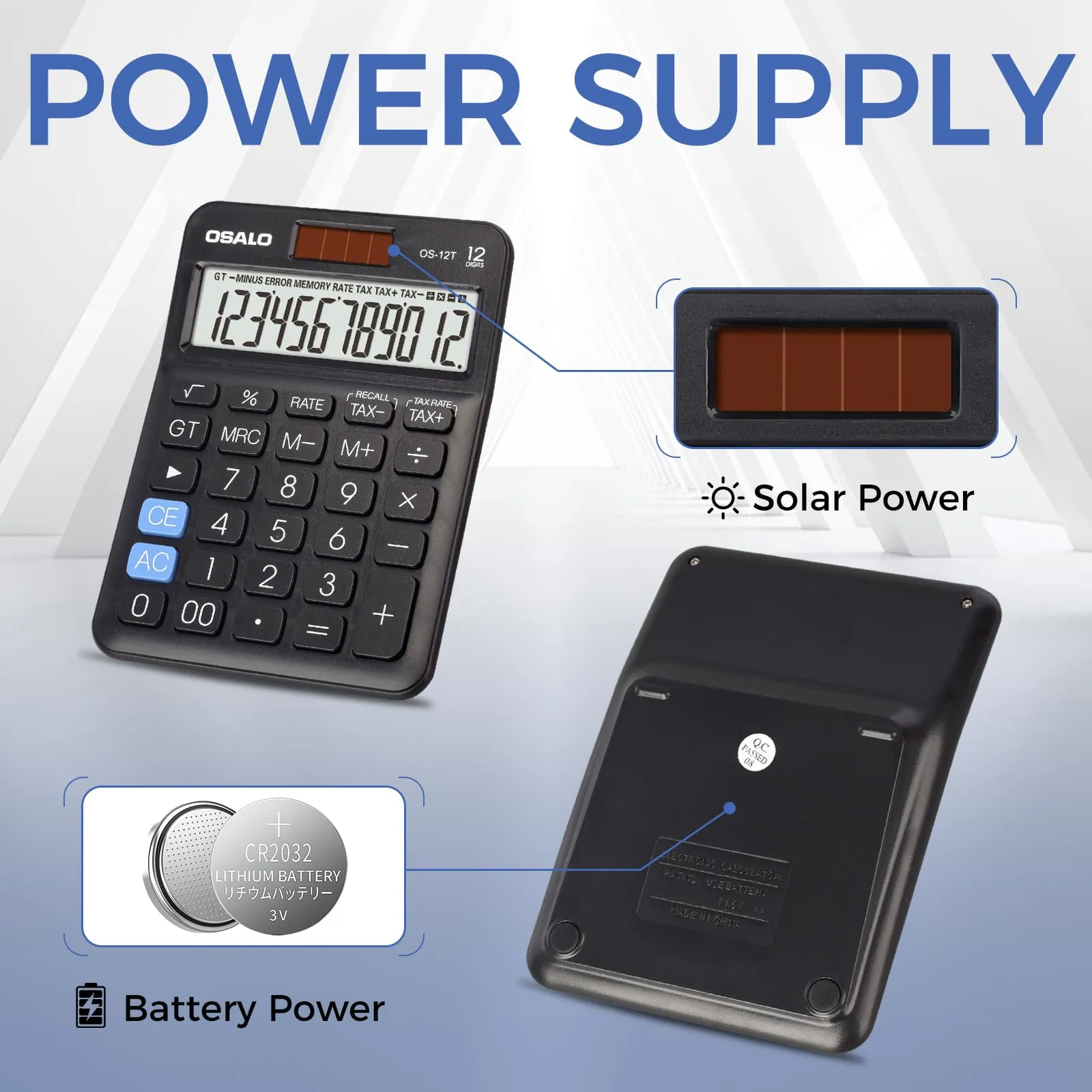 OSALO Calcolatrice da scrivania 12 cifre, funzione fiscale IVA, doppia alimentazione solare e batteria - immagine 8
