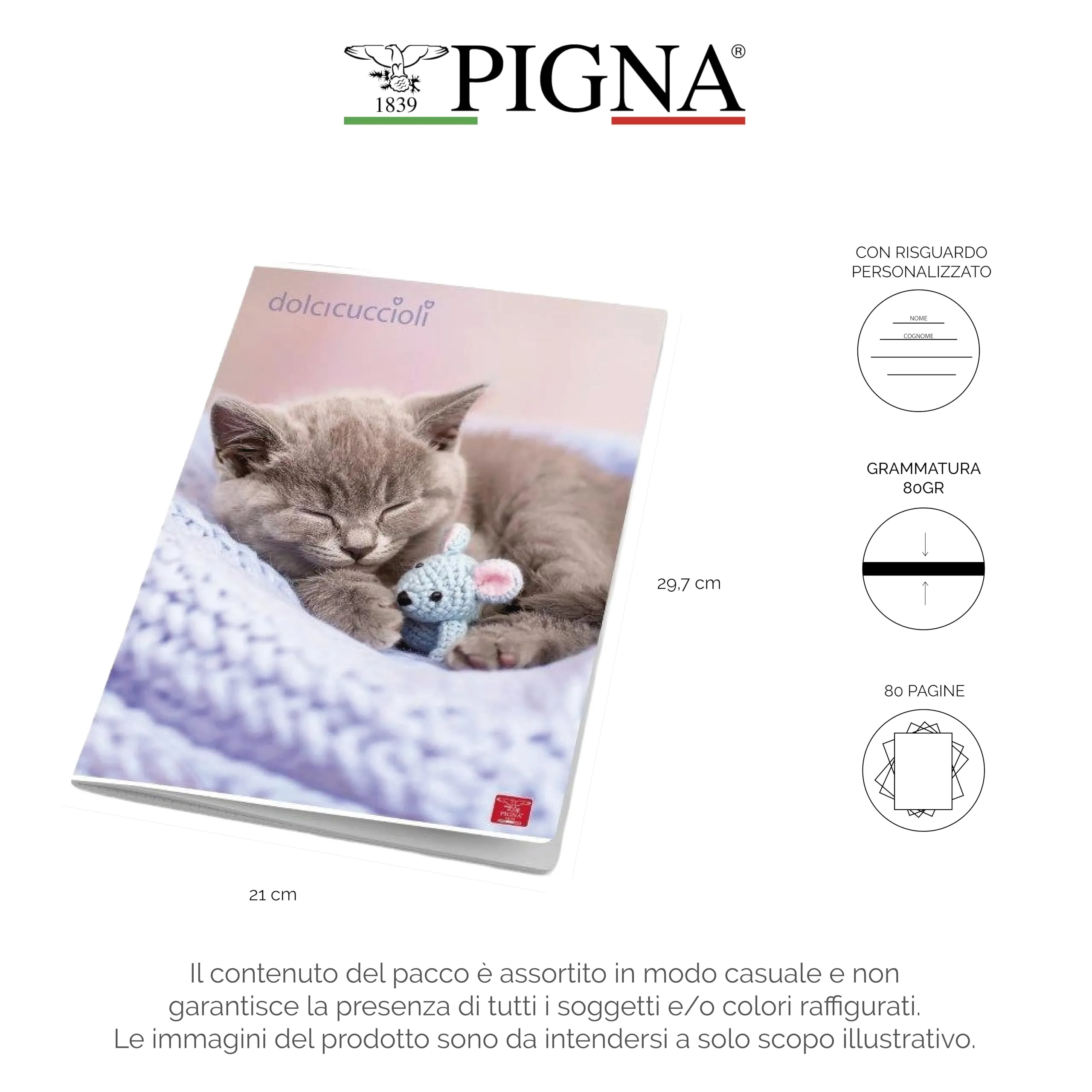 Pigna Maxi Quaderni A4 Dolci Cuccioli, 80 pagine + risguardo, righe con margine, confezione 10 pezzi - immagine 2