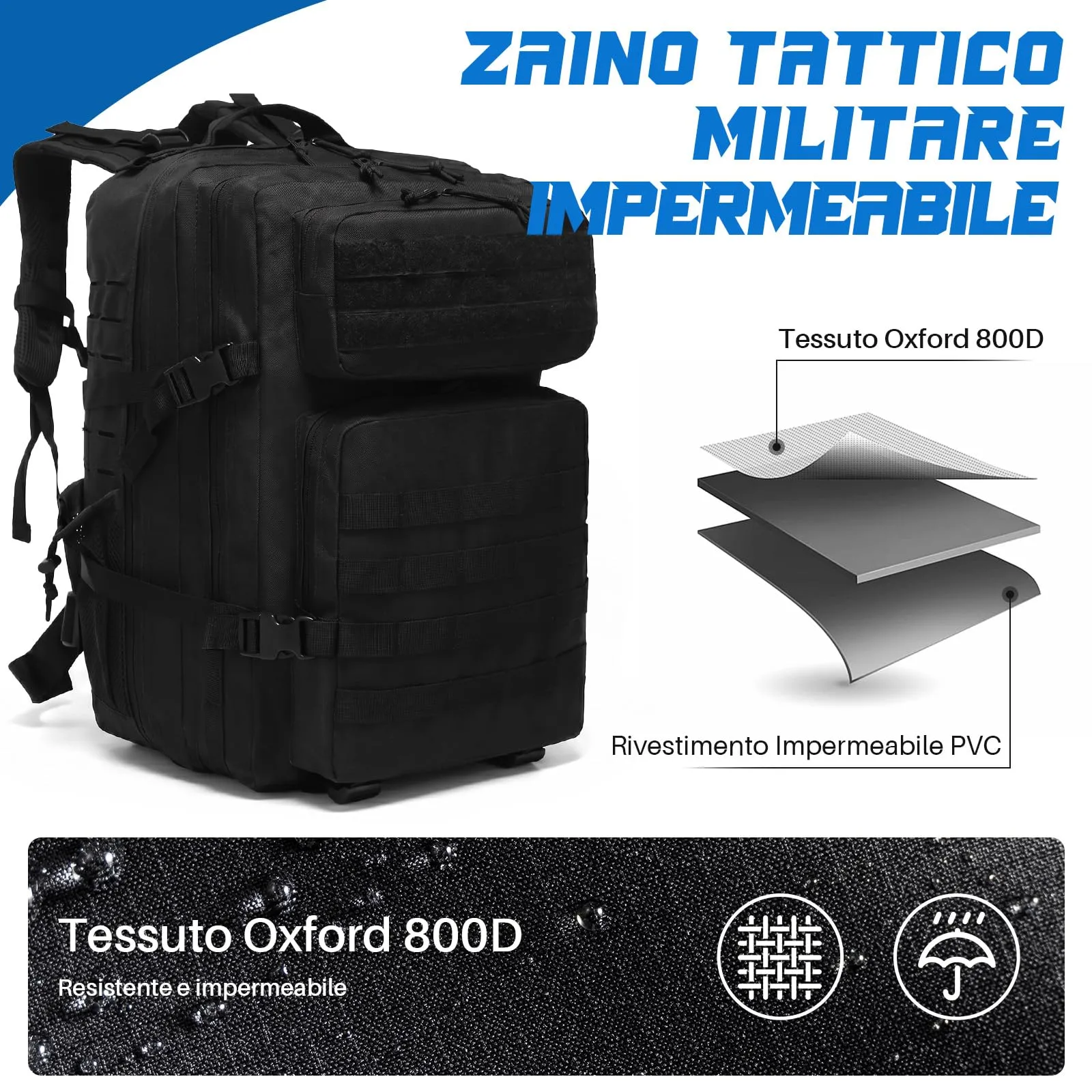 SHANNA Zaino Tattico Militare 45 Litri Impermeabile Molle per Escursionismo, Viaggio, Campeggio e Caccia - immagine 5