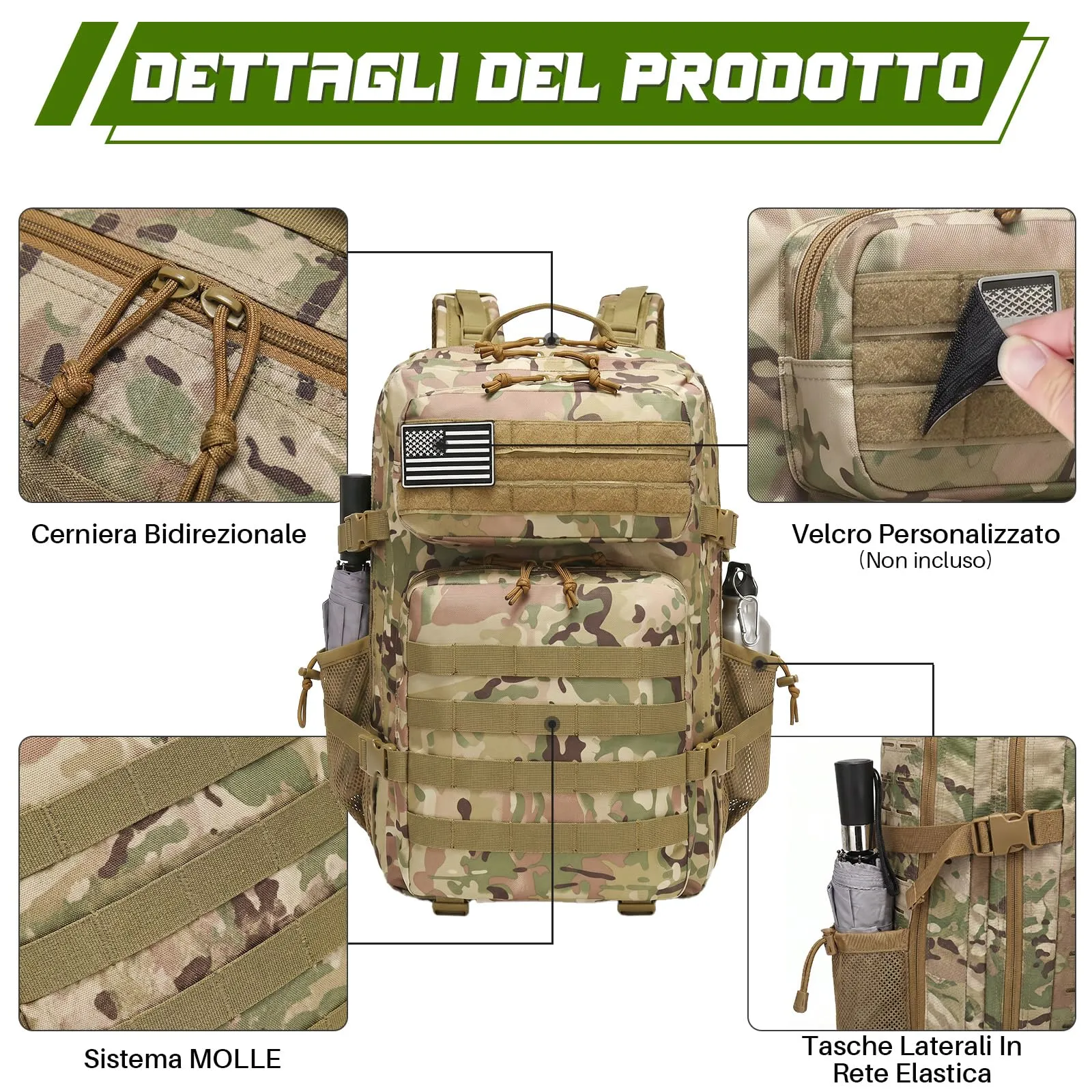 SHANNA Zaino Tattico Militare 45 Litri Impermeabile MOLLE per Hiking, Campeggio e Trekking - immagine 2