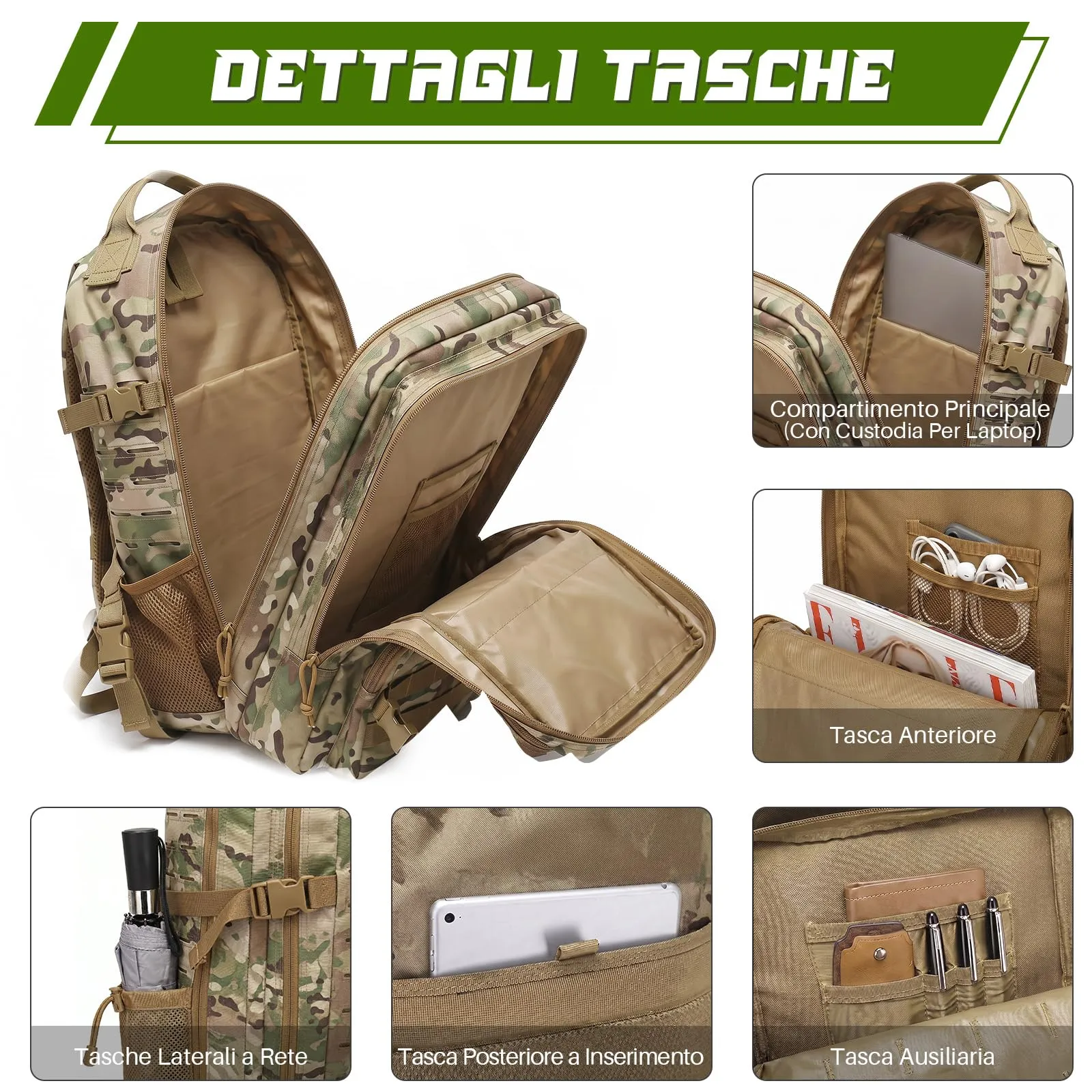 SHANNA Zaino Tattico Militare 45 Litri Impermeabile MOLLE per Hiking, Campeggio e Trekking - immagine 3