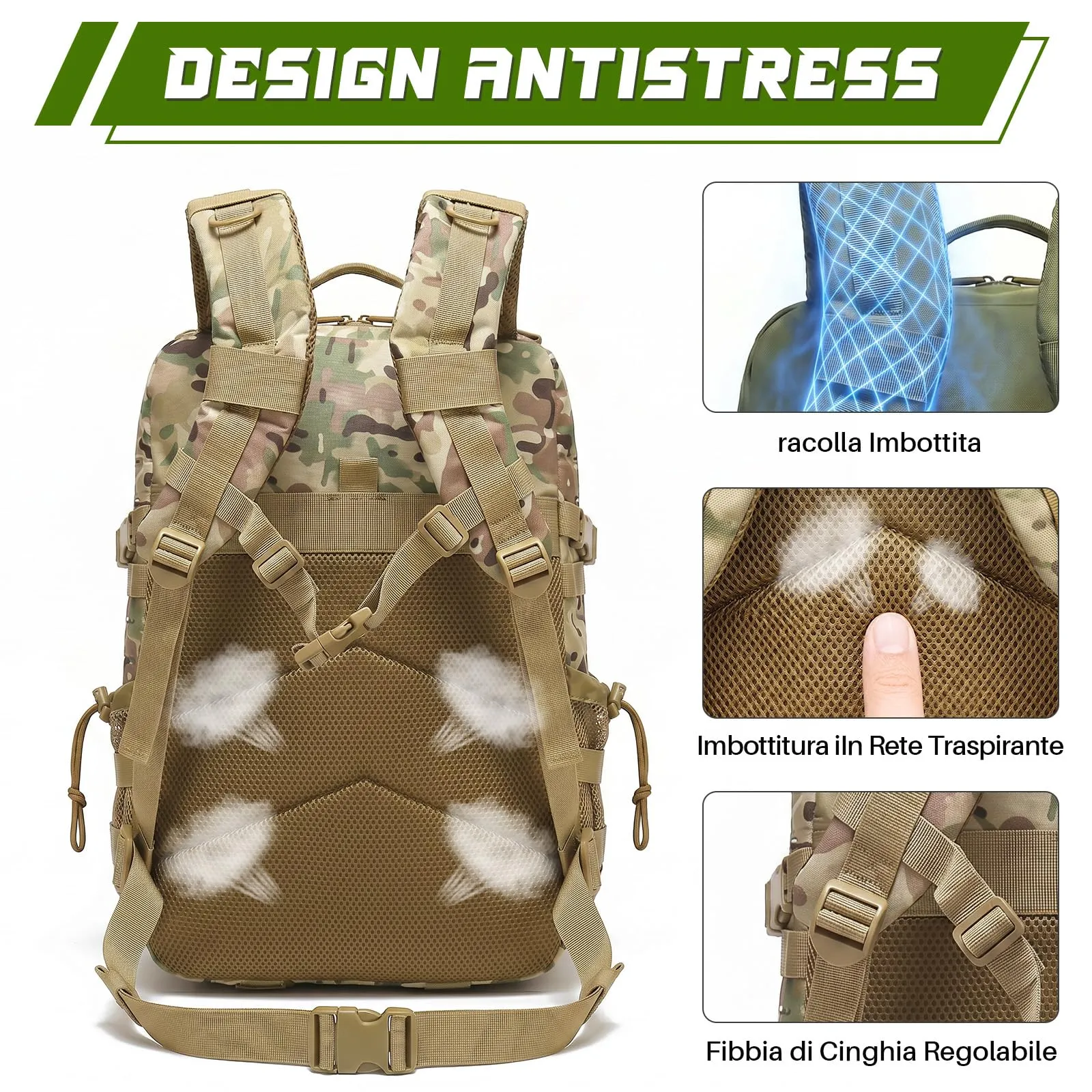 SHANNA Zaino Tattico Militare 45 Litri Impermeabile MOLLE per Hiking, Campeggio e Trekking - immagine 4