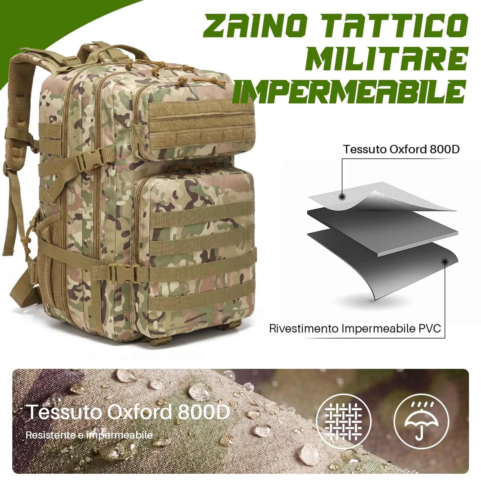 SHANNA Zaino Tattico Militare 45 Litri Impermeabile MOLLE per Hiking, Campeggio e Trekking - immagine 5