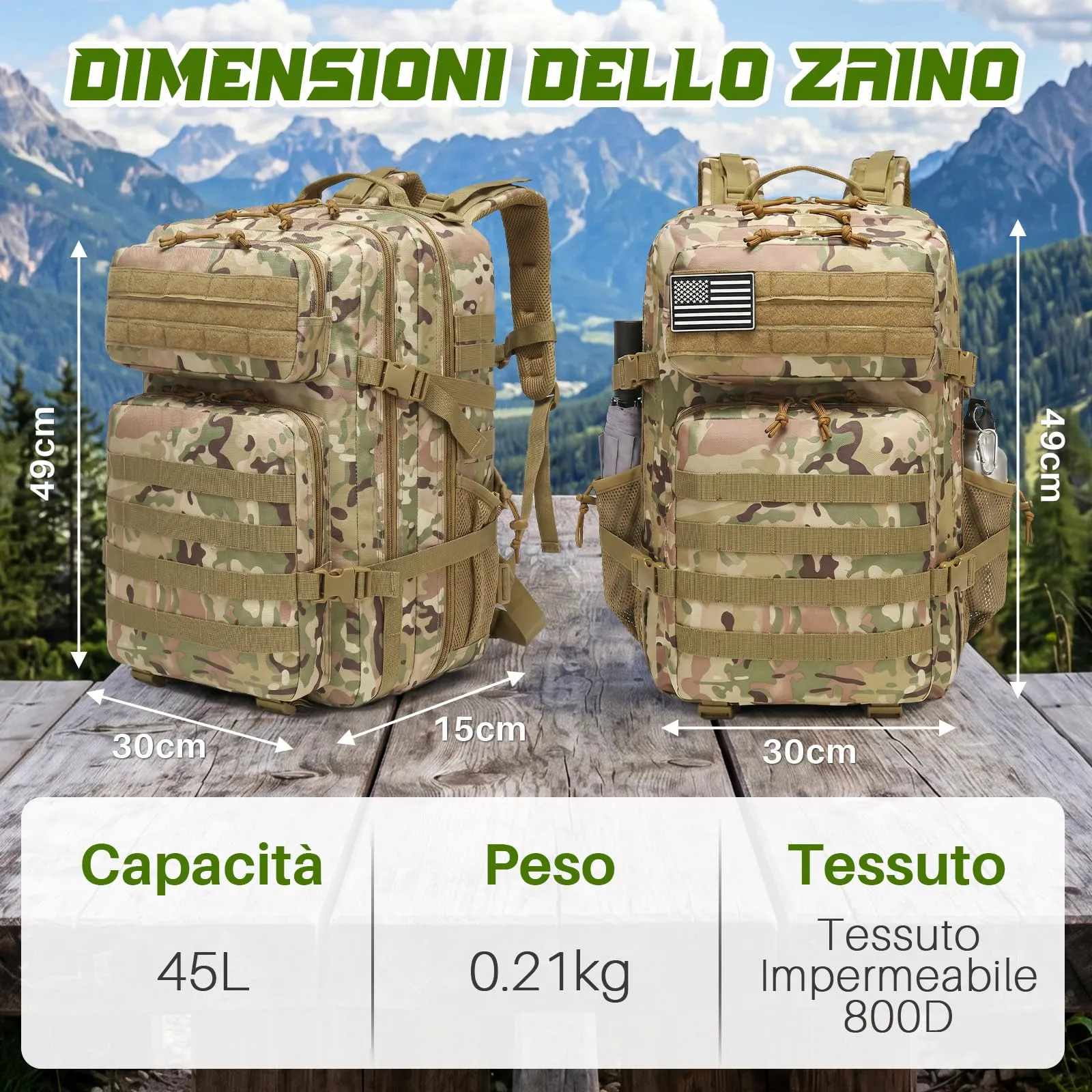 SHANNA Zaino Tattico Militare 45 Litri Impermeabile MOLLE per Hiking, Campeggio e Trekking - immagine 6