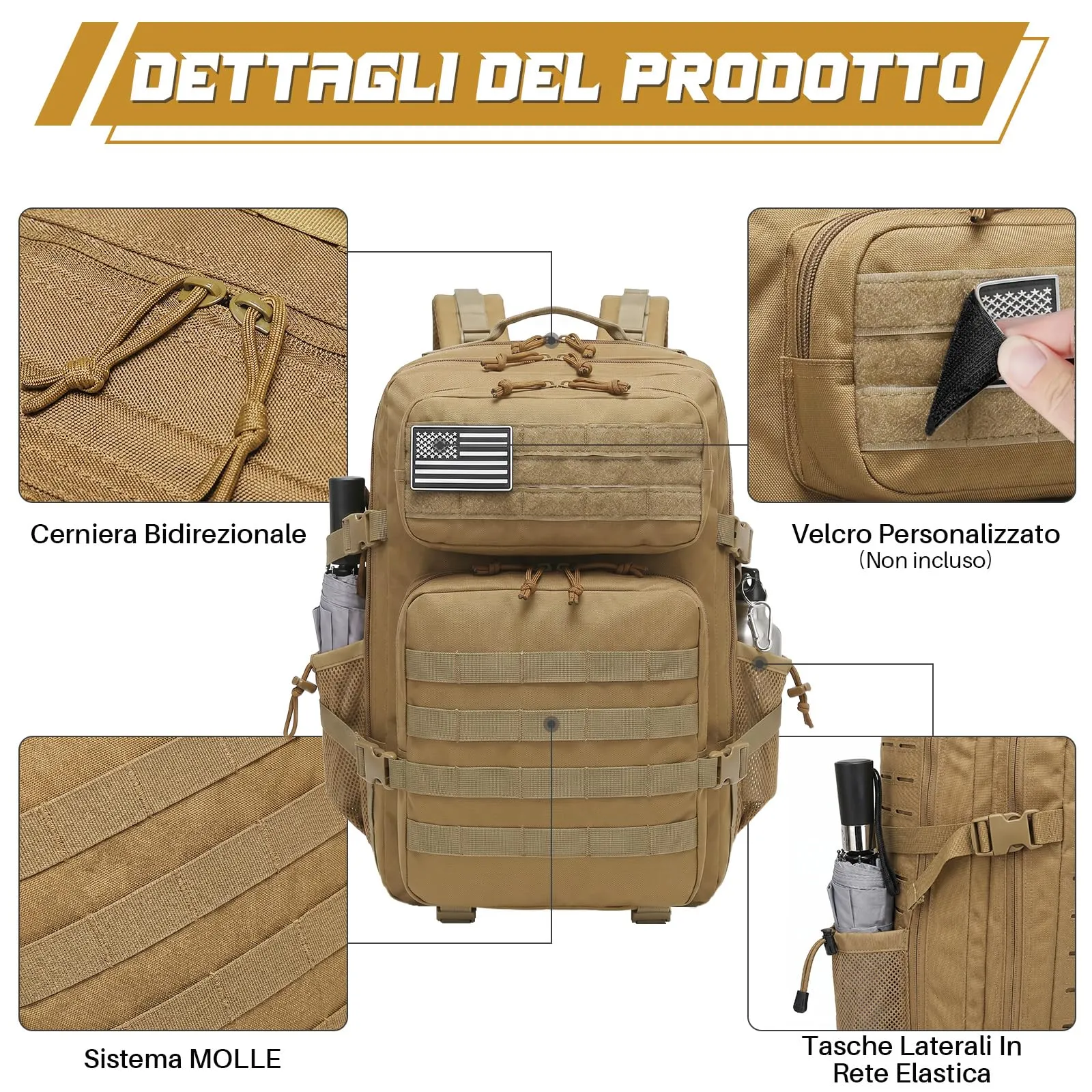 SHANNA Zaino Tattico Militare 45 Litri Impermeabile MOLLE per Hiking, Campeggio e Trekking - immagine 2