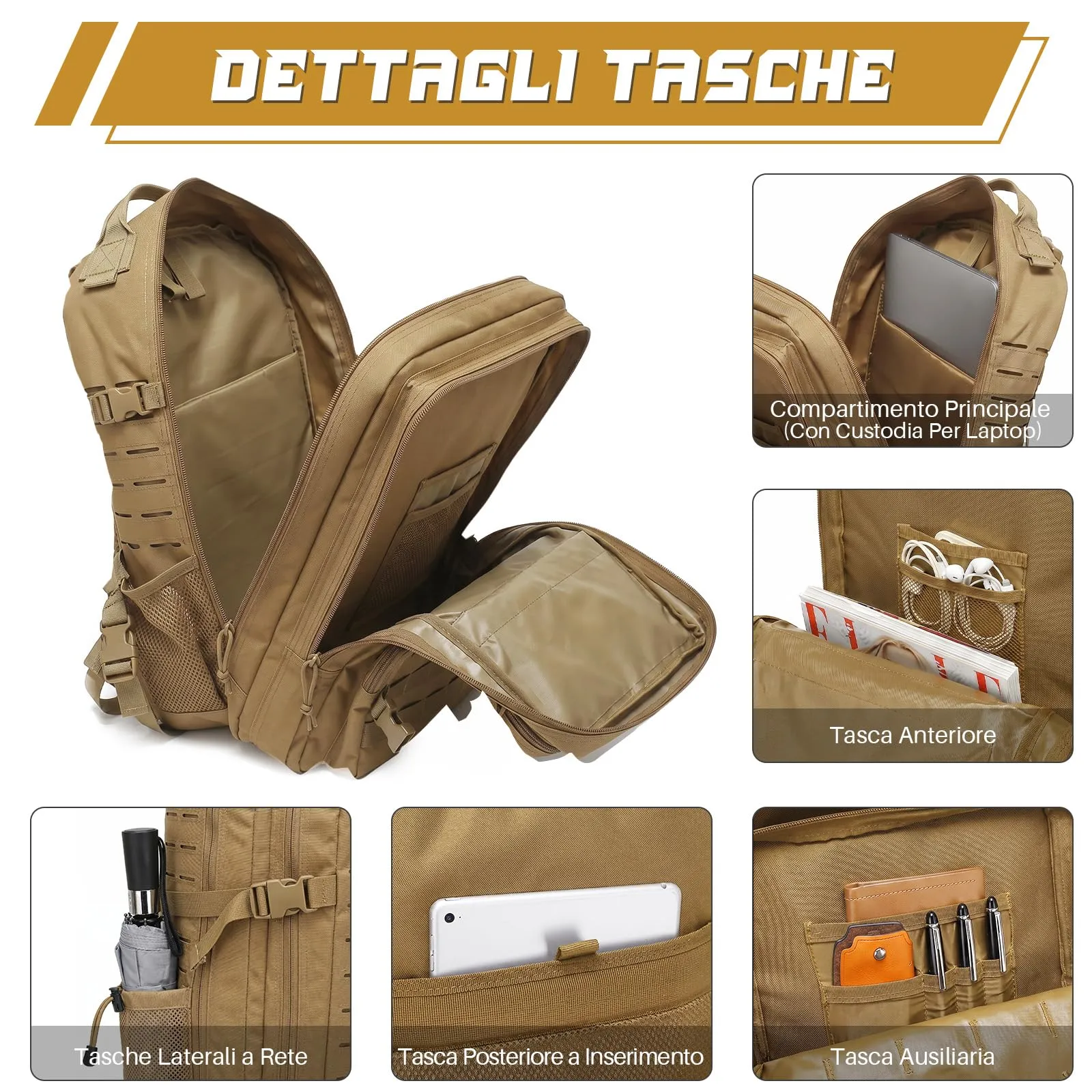 SHANNA Zaino Tattico Militare 45 Litri Impermeabile MOLLE per Hiking, Campeggio e Trekking - immagine 3