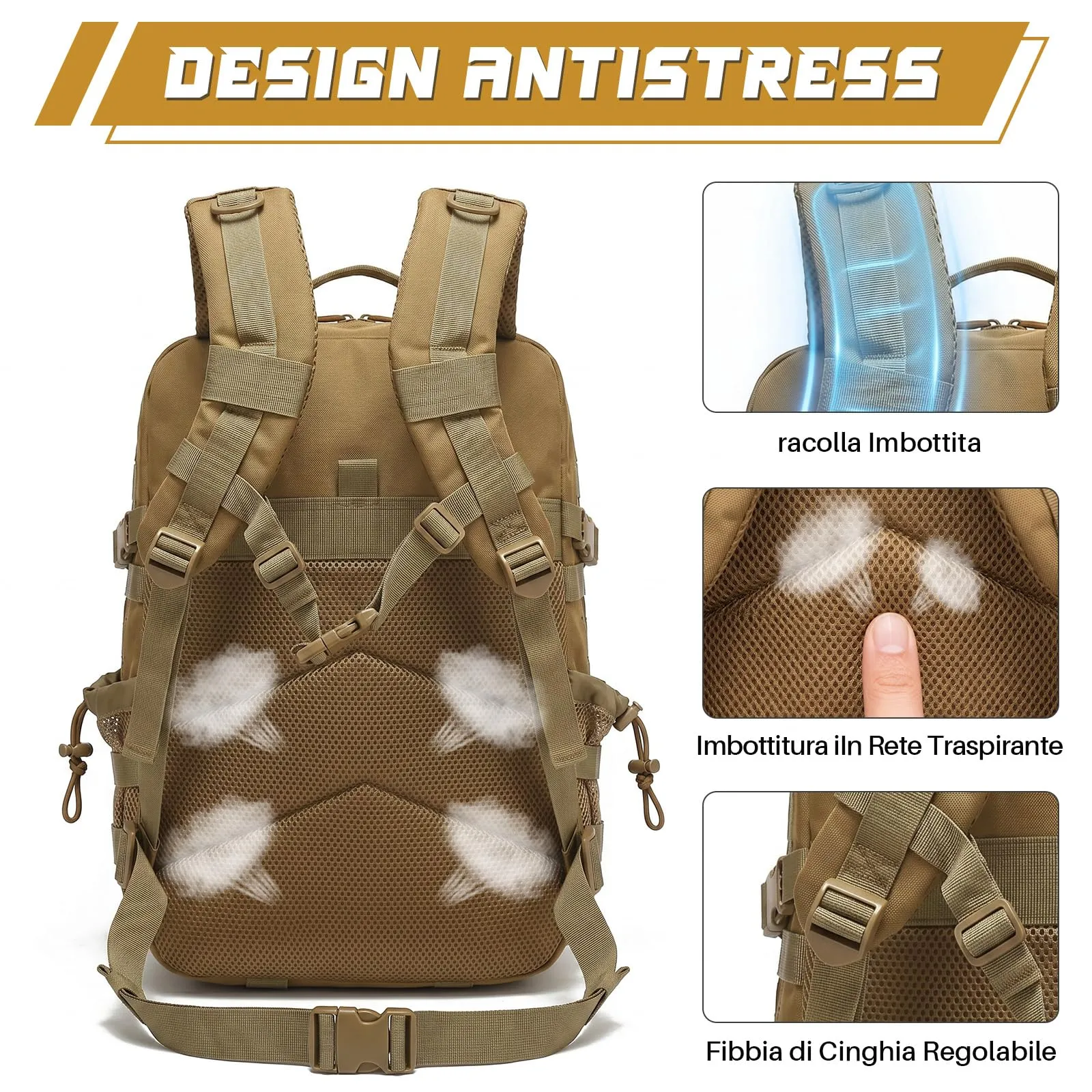 SHANNA Zaino Tattico Militare 45 Litri Impermeabile MOLLE per Hiking, Campeggio e Trekking - immagine 4