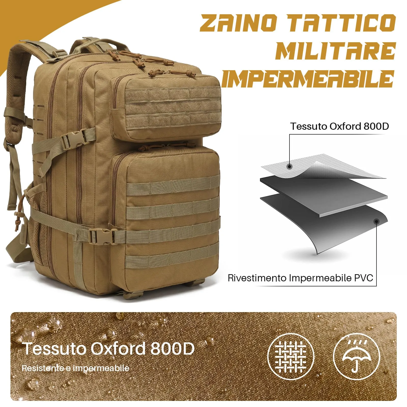 SHANNA Zaino Tattico Militare 45 Litri Impermeabile MOLLE per Hiking, Campeggio e Trekking - immagine 5