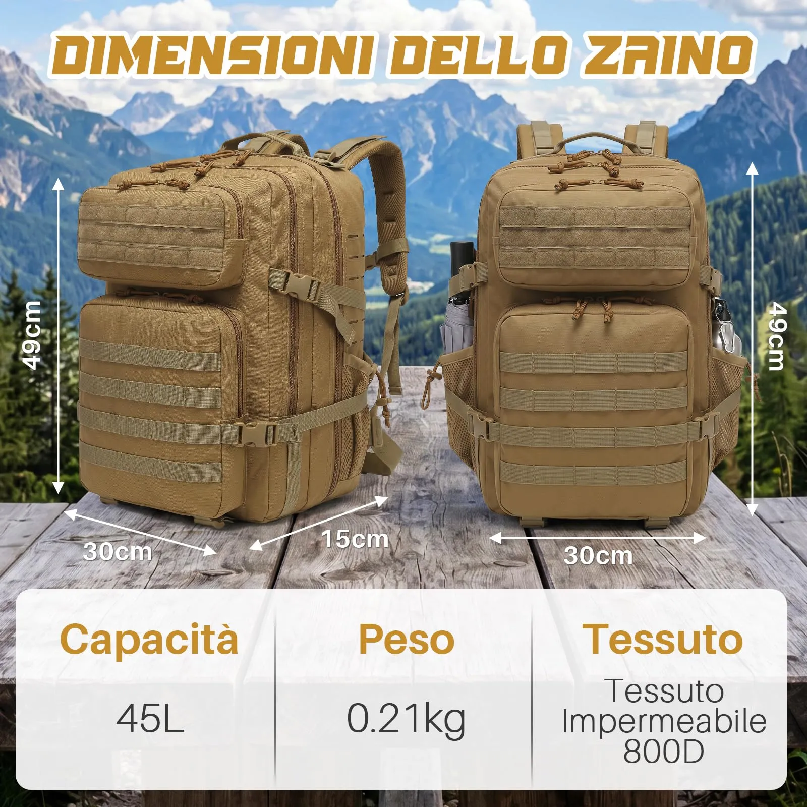 SHANNA Zaino Tattico Militare 45 Litri Impermeabile MOLLE per Hiking, Campeggio e Trekking - immagine 6