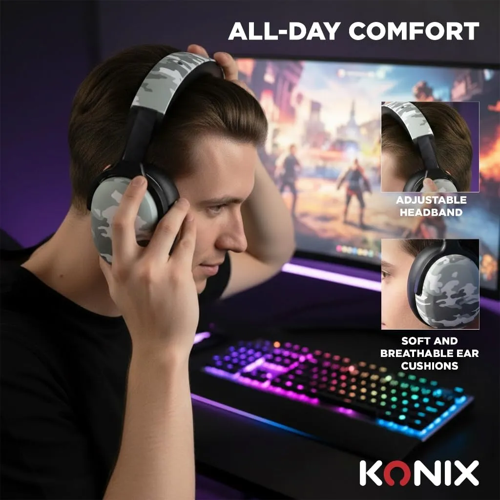 Konix Nexus Cuffie da gioco circumaurali per PS5, Switch e Xbox Series X|S, Altoparlanti 40 mm, Microfono, Cavo 1,5 m, Motivo mimetico - immagine 4