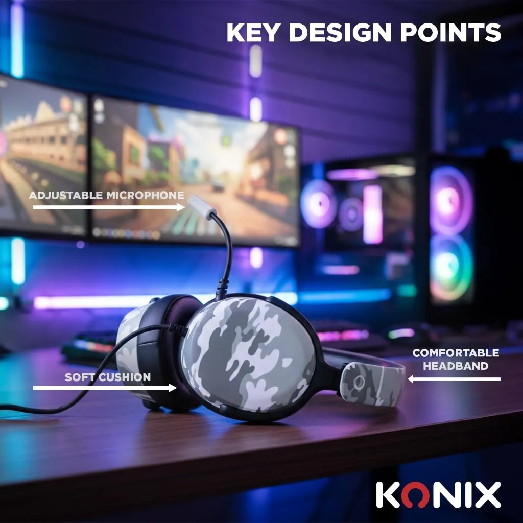 Konix Nexus Cuffie da gioco circumaurali per PS5, Switch e Xbox Series X|S, Altoparlanti 40 mm, Microfono, Cavo 1,5 m, Motivo mimetico - immagine 7