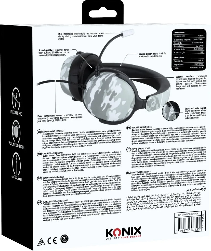 Konix Nexus Cuffie da gioco circumaurali per PS5, Switch e Xbox Series X|S, Altoparlanti 40 mm, Microfono, Cavo 1,5 m, Motivo mimetico - immagine 9