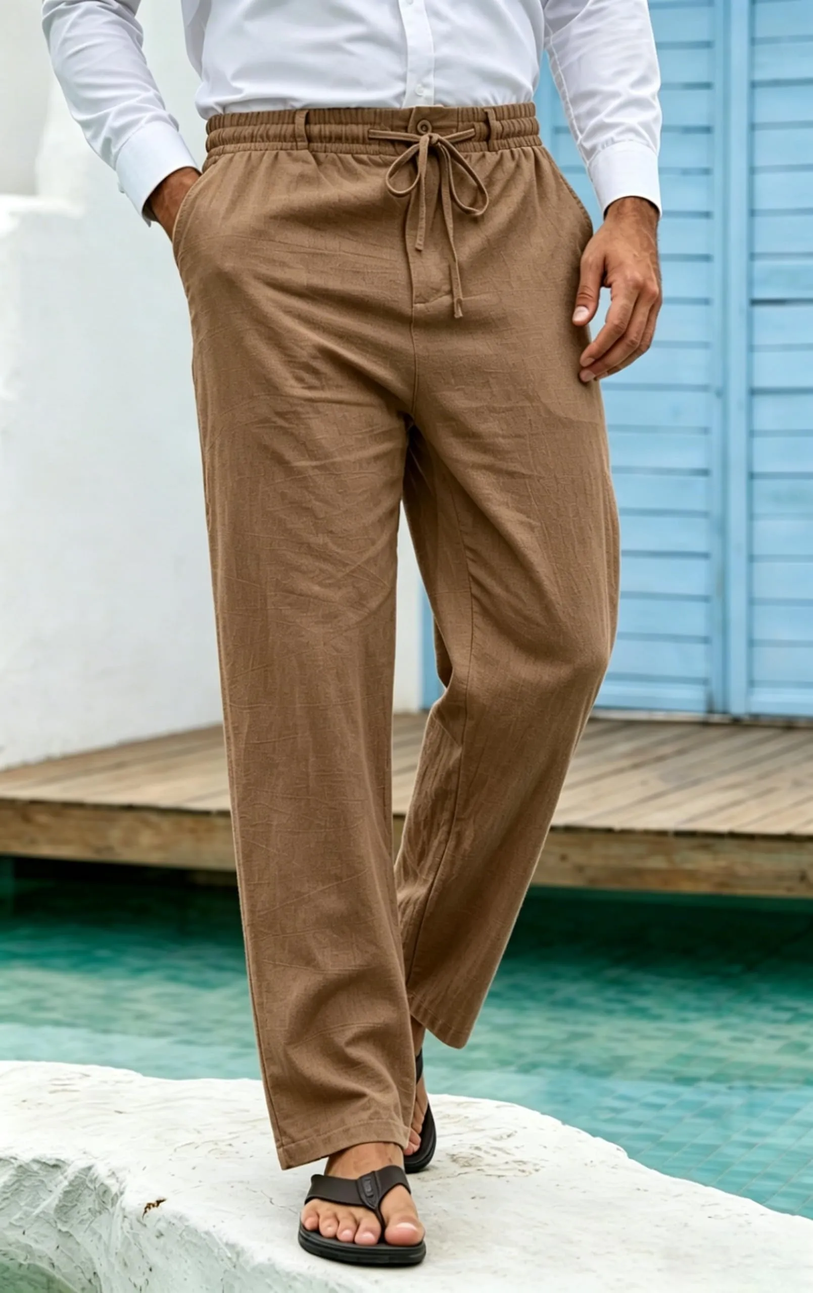 Cegerne Pantaloni di Lino Uomo Estivi Casual, Kaki, M - immagine 3