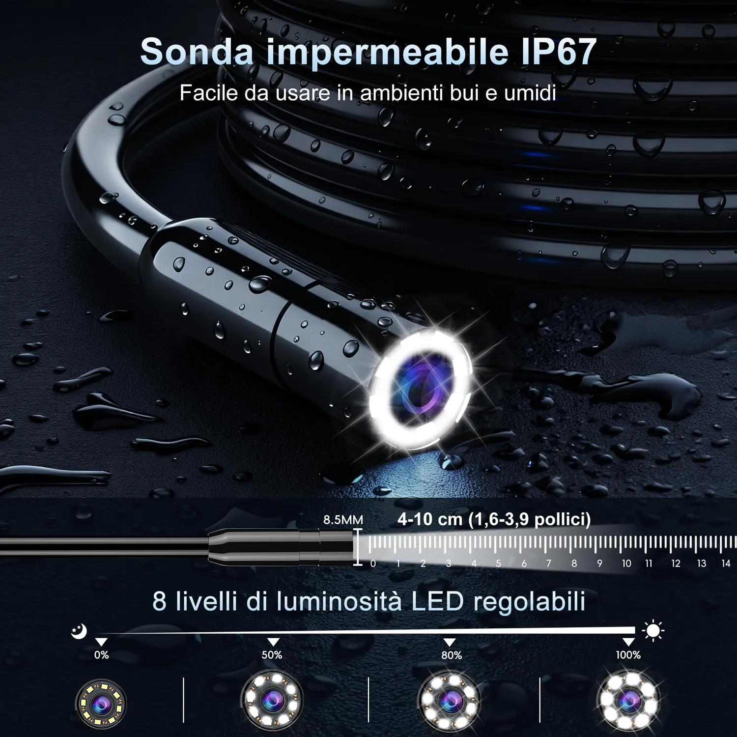 SKYBASIC Endoscopio Industriale HD 1080P con Schermo IPS 4,3", IP67 Impermeabile, 8 LED, Cavo Semirigido 10M - immagine 4