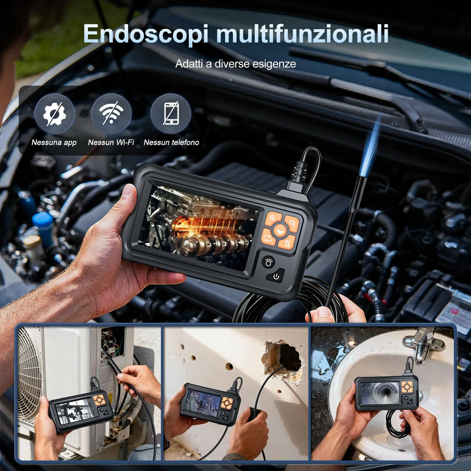 SKYBASIC Endoscopio Industriale HD 1080P con Schermo IPS 4,3", IP67 Impermeabile, 8 LED, Cavo Semirigido 10M - immagine 7
