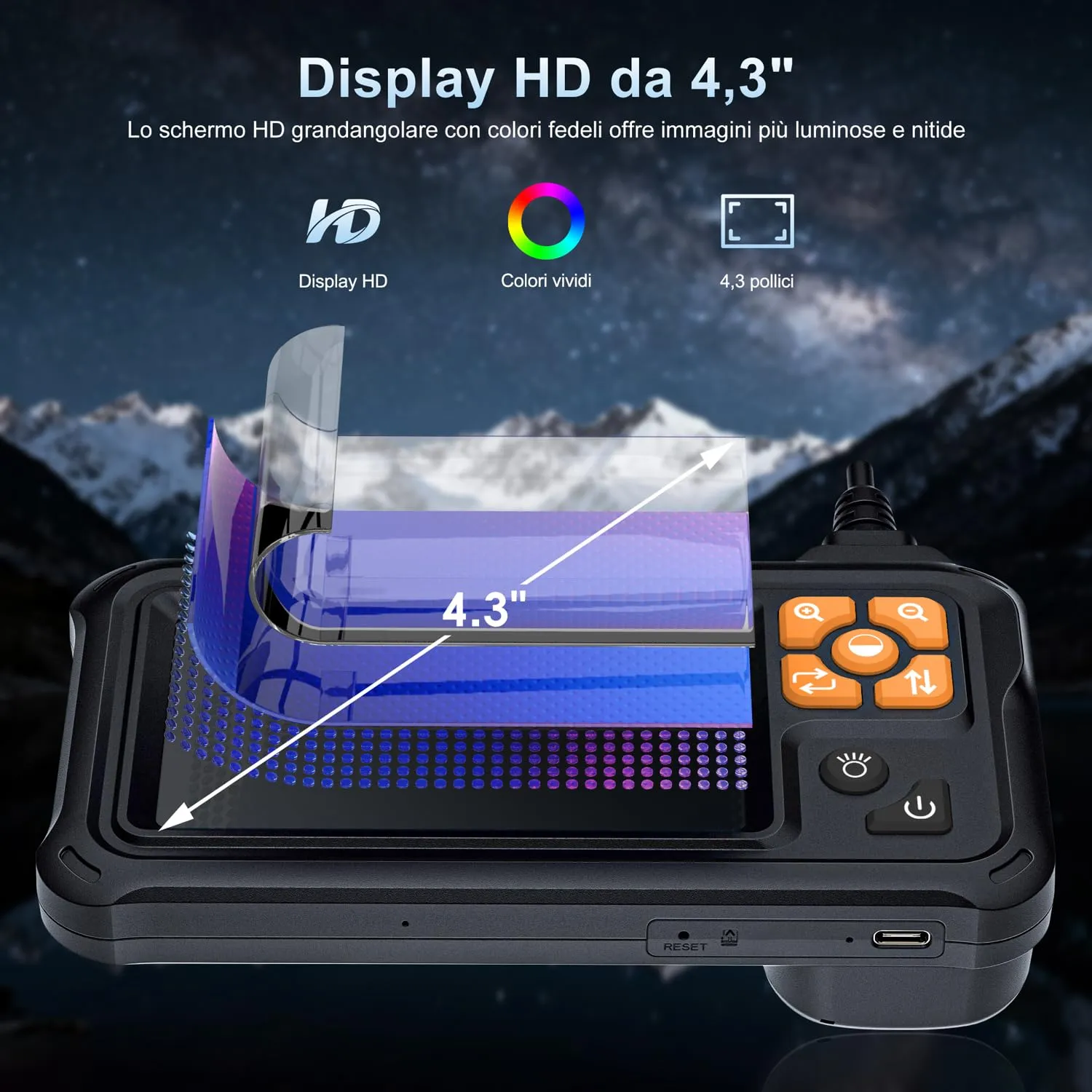 SKYBASIC Endoscopio Industriale HD 1080P con Schermo IPS 4,3 pollici, IP67 Impermeabile, 8 LED, Cavo Semirigido 20M - immagine 2