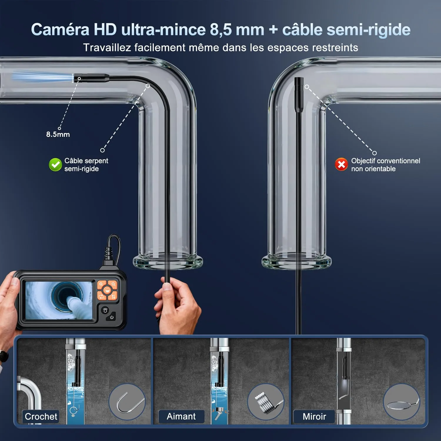 SKYBASIC Endoscopio Industriale HD 1080P con Schermo IPS 4,3 pollici, IP67 Impermeabile, 8 LED, Cavo Semirigido 20M - immagine 6