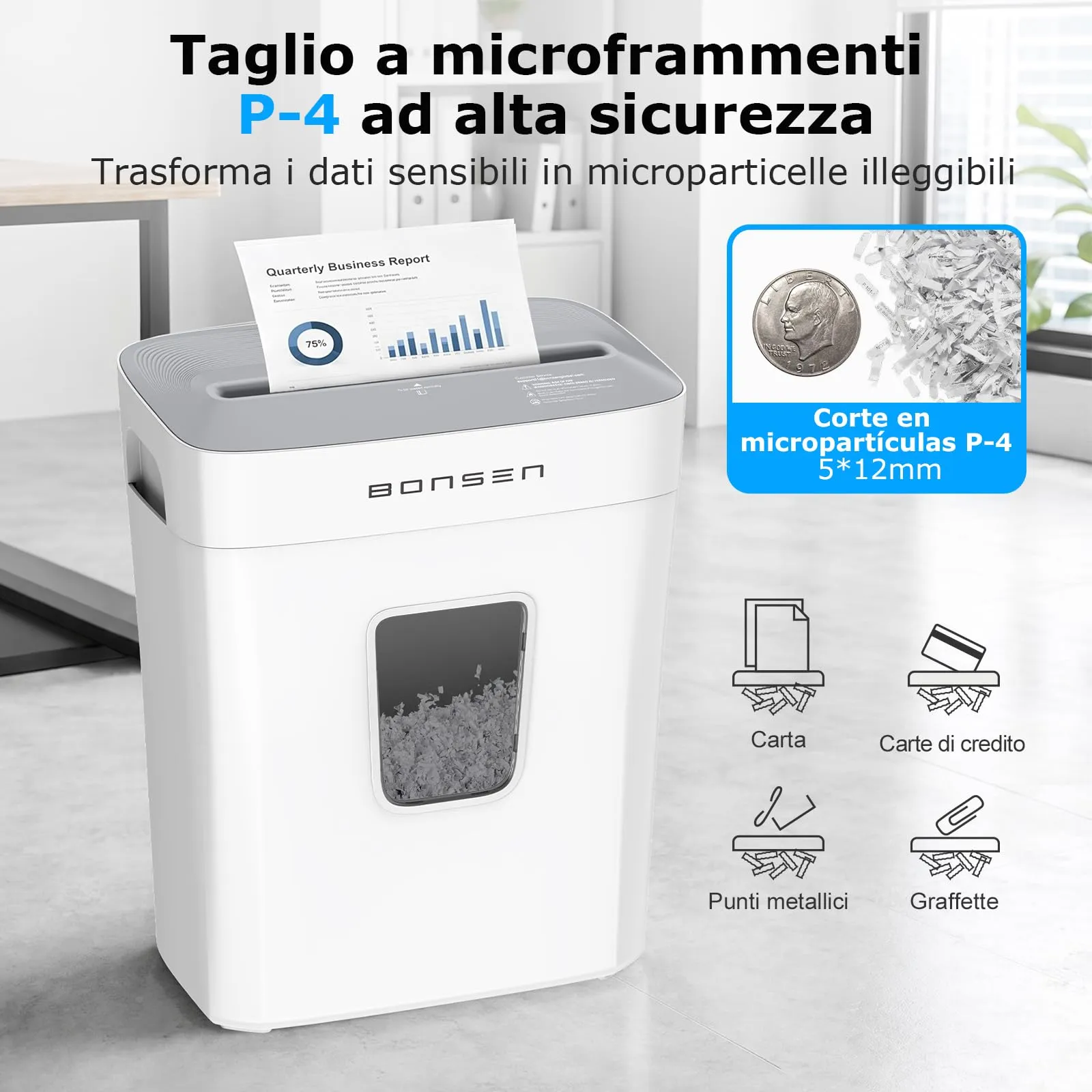 Bonsen Distruggidocumenti Micro-taglio P-4, 6 Fogli, Cestello da 16L - immagine 2