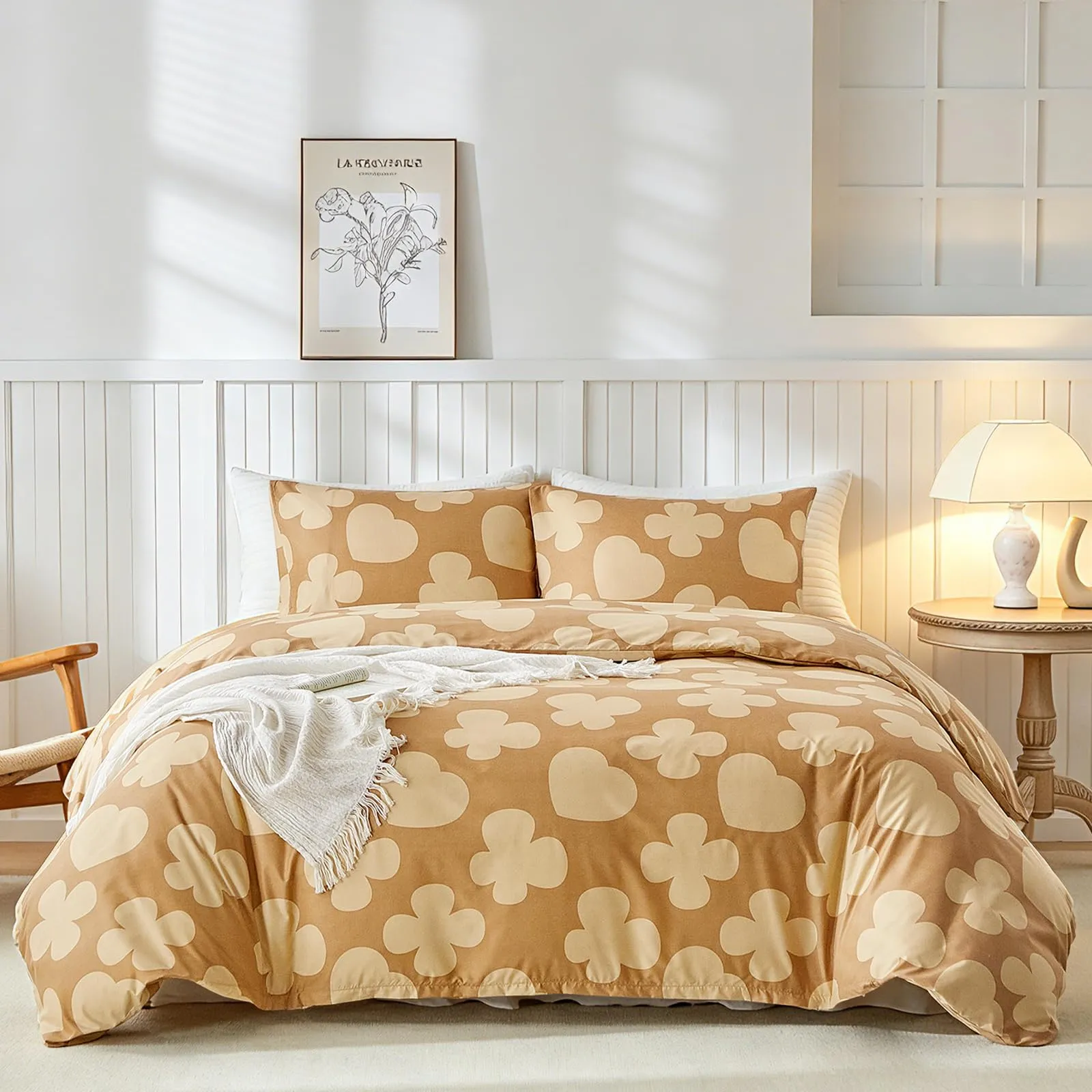 Tokokimo Set Copripiumino Matrimoniale 3 Pezzi in Microfibra con Motivo a Farfalla, 240x220 cm, Cachi - immagine 2