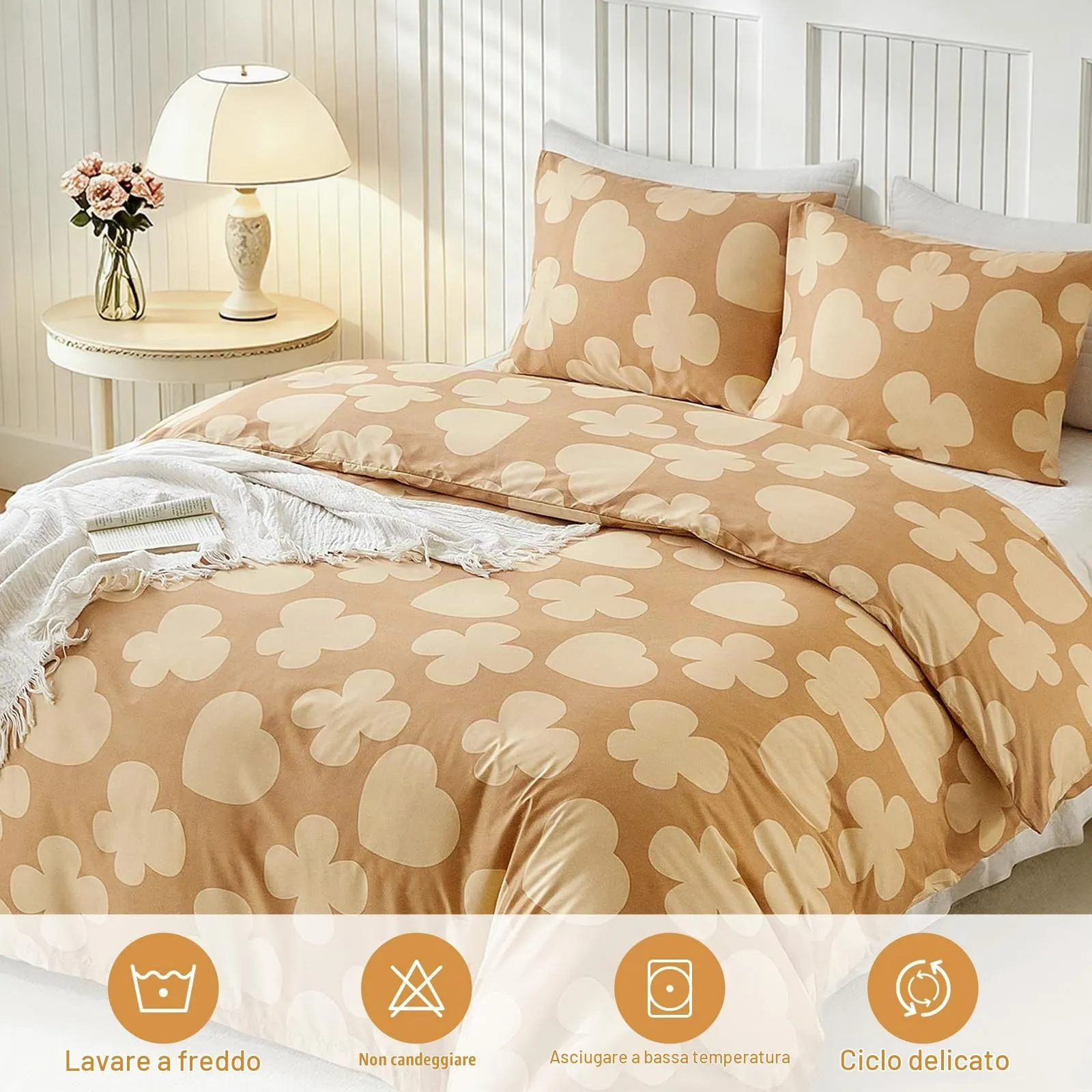 Tokokimo Set Copripiumino Matrimoniale 3 Pezzi in Microfibra con Motivo a Farfalla, 240x220 cm, Cachi - immagine 6