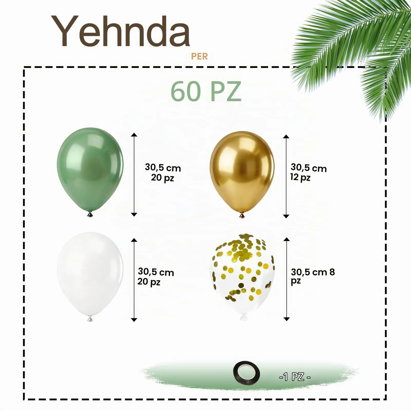 Yehnda Set Palloncini Verde Salvia, Bianchi e Oro - immagine 2