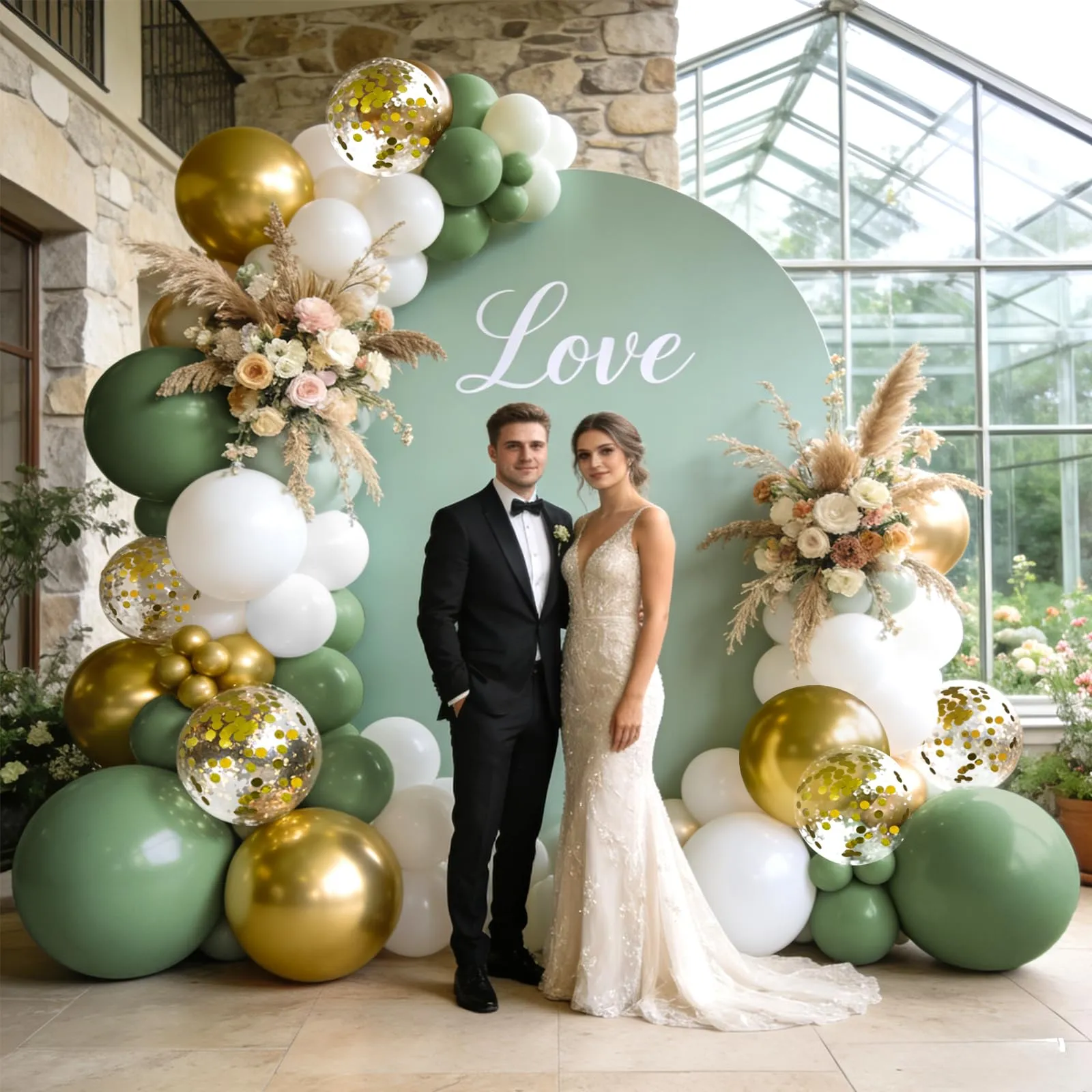 Yehnda Set Palloncini Verde Salvia, Bianchi e Oro - immagine 3