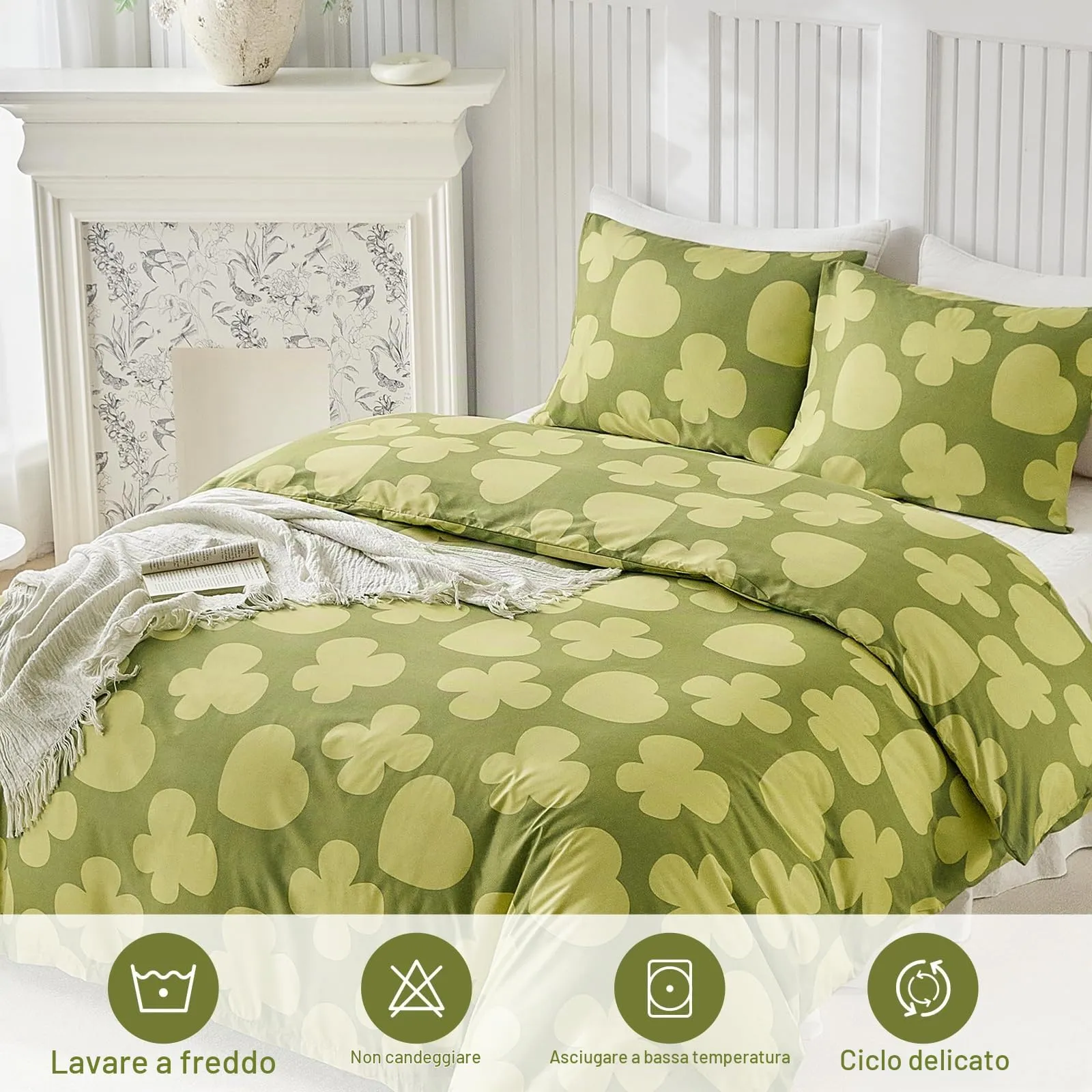 Tokokimo Set Copripiumino Matrimoniale 3 Pezzi in Microfibra con Motivo a Farfalla, 240x220 cm, Verde - immagine 6