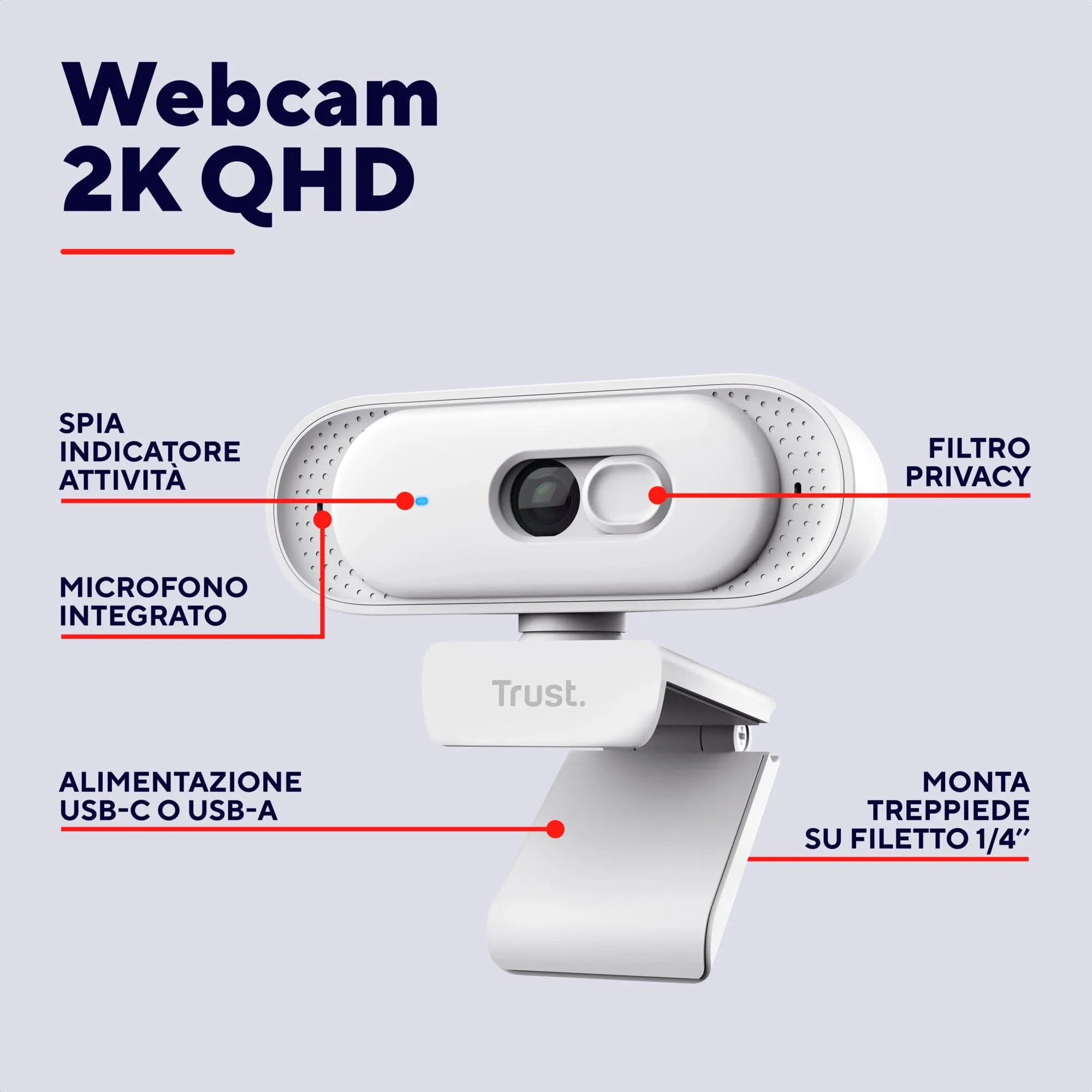 Trust Ovala 2K QHD Webcam con Microfono e Filtro Privacy, Bianco - immagine 2