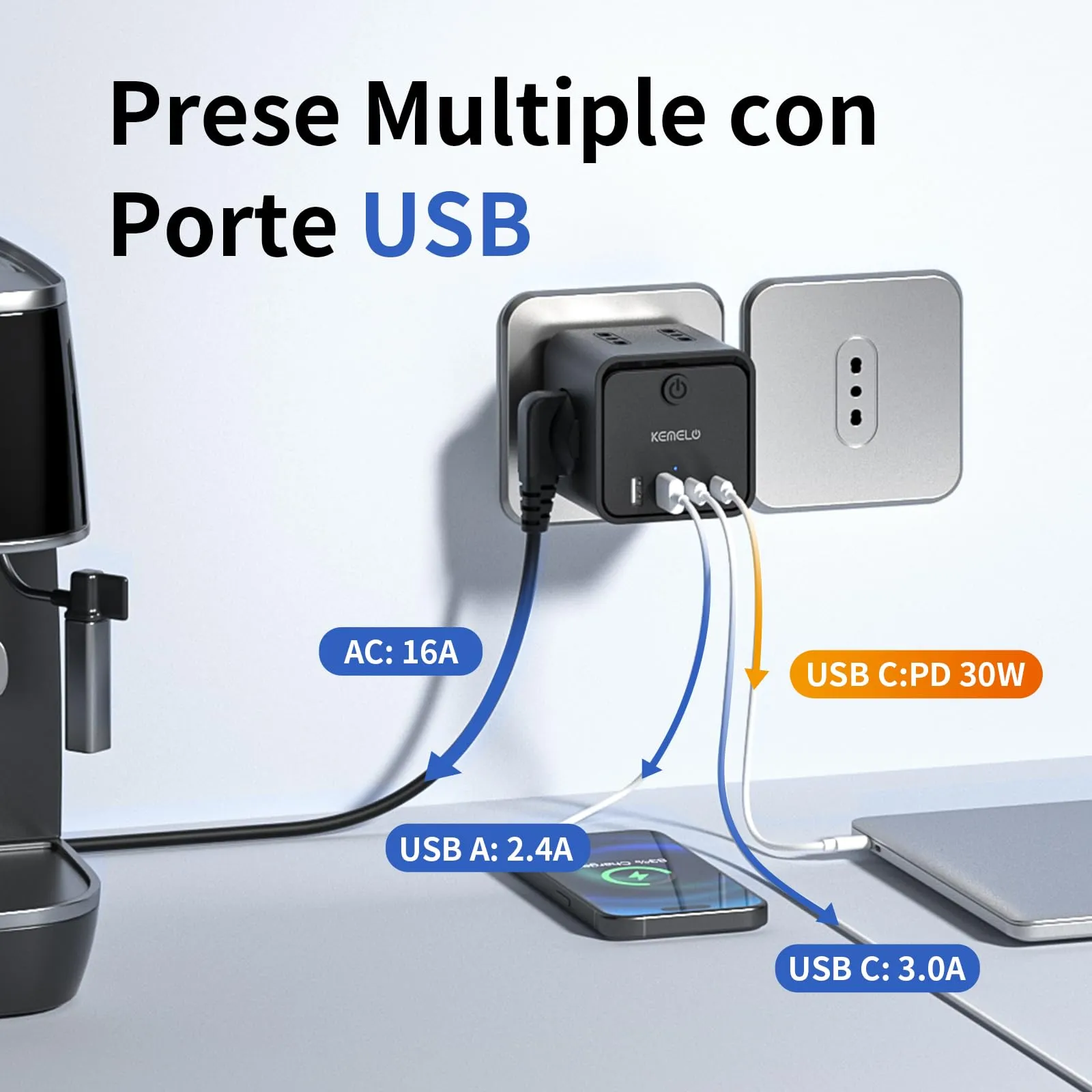 KEMELO Ciabatta Elettrica Multipresa PD 30W, 4 Prese Universali ITA e Schuko, 2 USB-A e 2 USB-C, Spina Piatta Salvaspazio con Interruttore - immagine 2