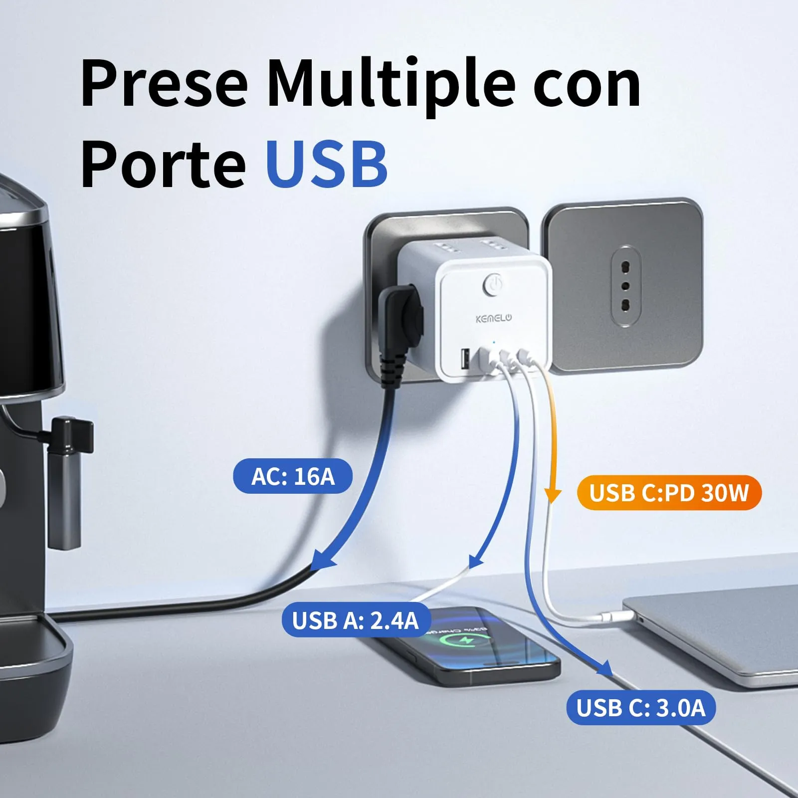 KEMELO Ciabatta Elettrica Multipresa PD 30W con 4 Prese Universali ITA/Schuko, 2 USB-A e 2 USB-C, Spina Piatta Salvaspazio con Interruttore - immagine 2