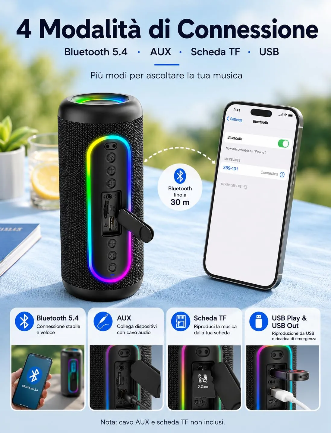 UOHHBOE Cassa Bluetooth Portatile 30W IPX5 Impermeabile con Schede TF - immagine 2
