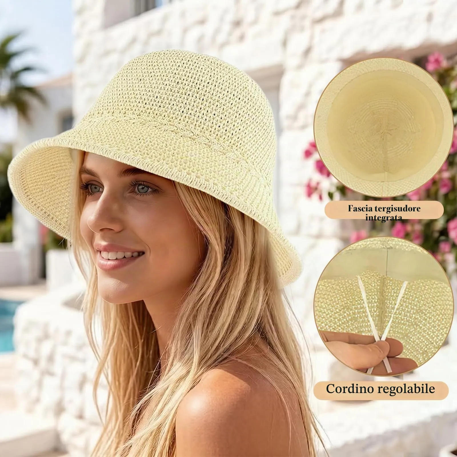 YEAMLTE Cappello di Paglia Donna Estivo da Spiaggia Pieghevole, Beige - immagine 3