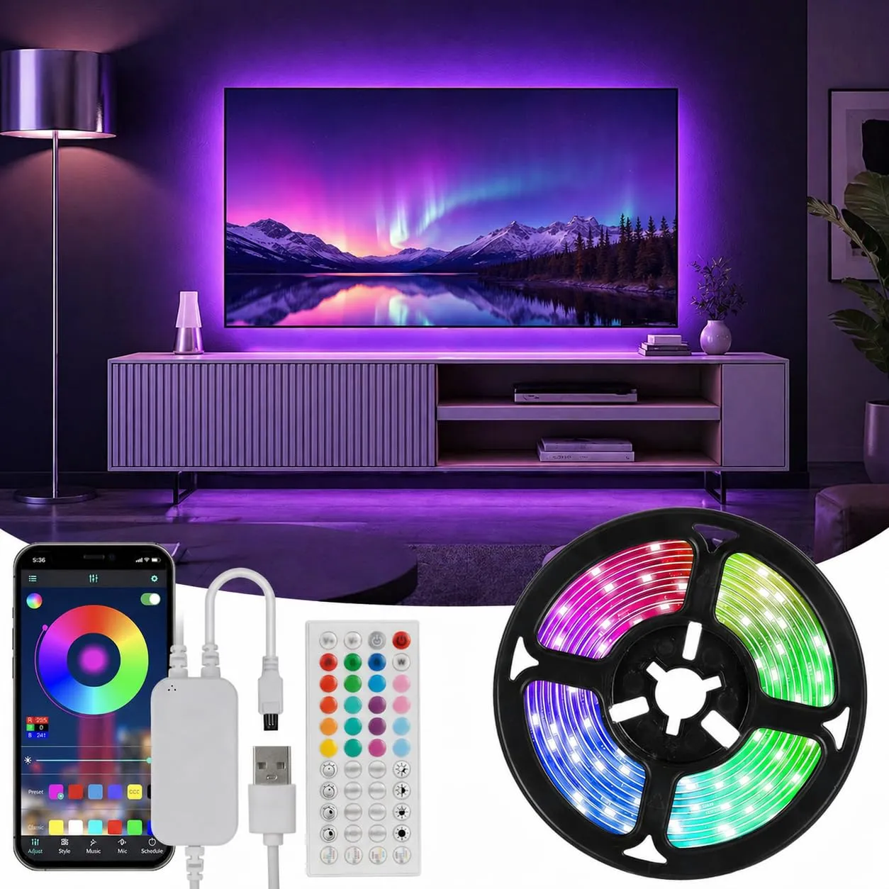 Enteenly Striscia LED per TV, 4m, 40-65 pollici, 5050 RGB, USB, con telecomando e app, multicolore - immagine 1