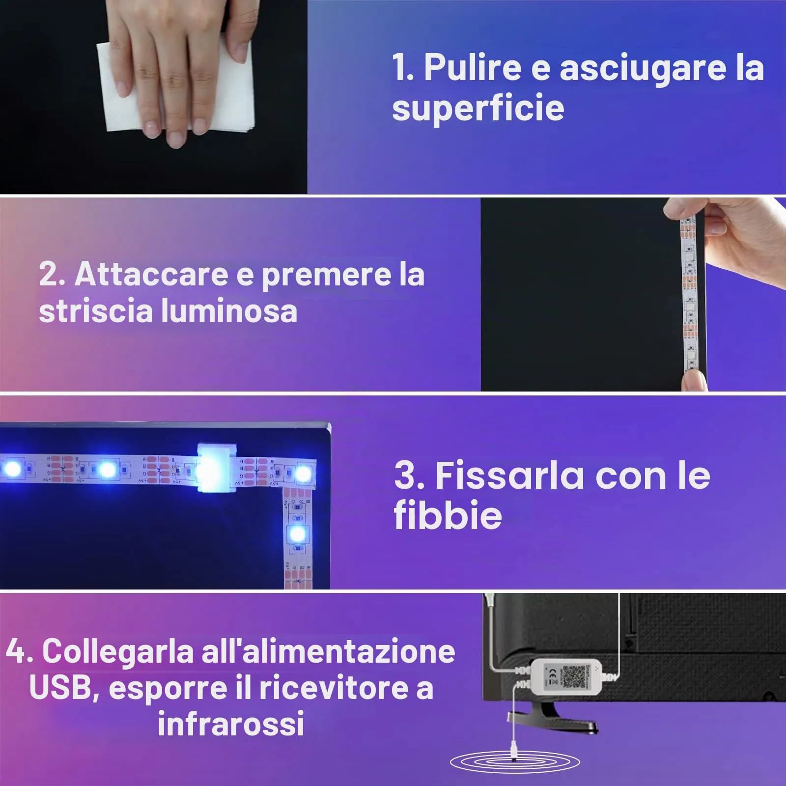 Enteenly Striscia LED RGB 6m per TV 55-75 pollici e PC, Controllo App e Telecomando, USB - immagine 4