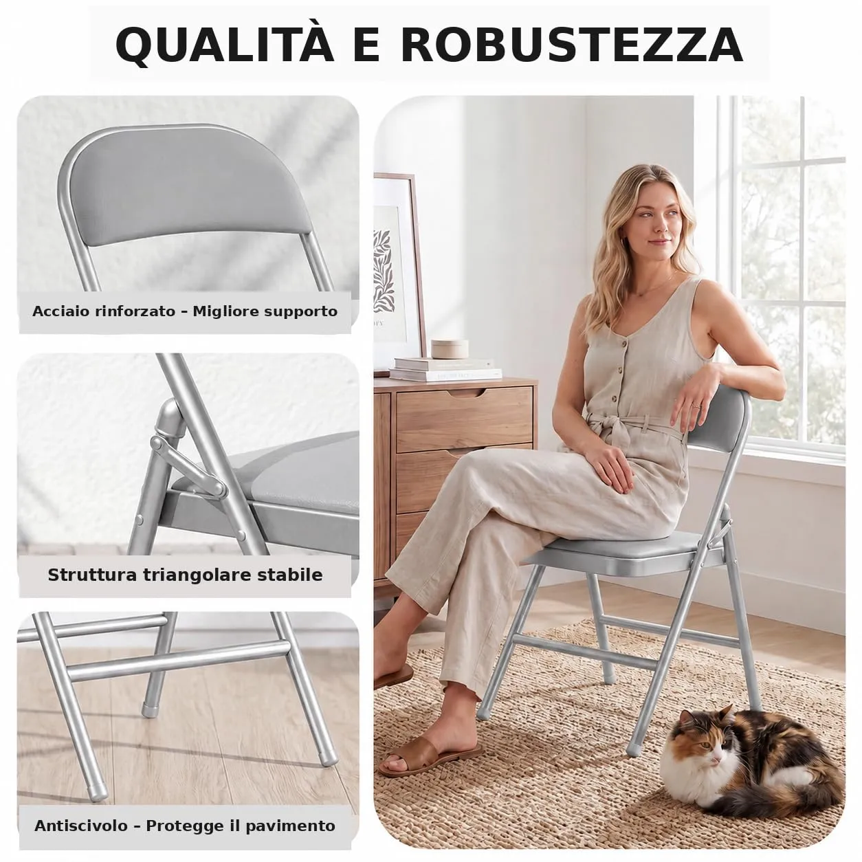 Asdsed Set di 8 Sedie Pieghevoli Imbottite, Portata 160 kg, Grigio - immagine 3