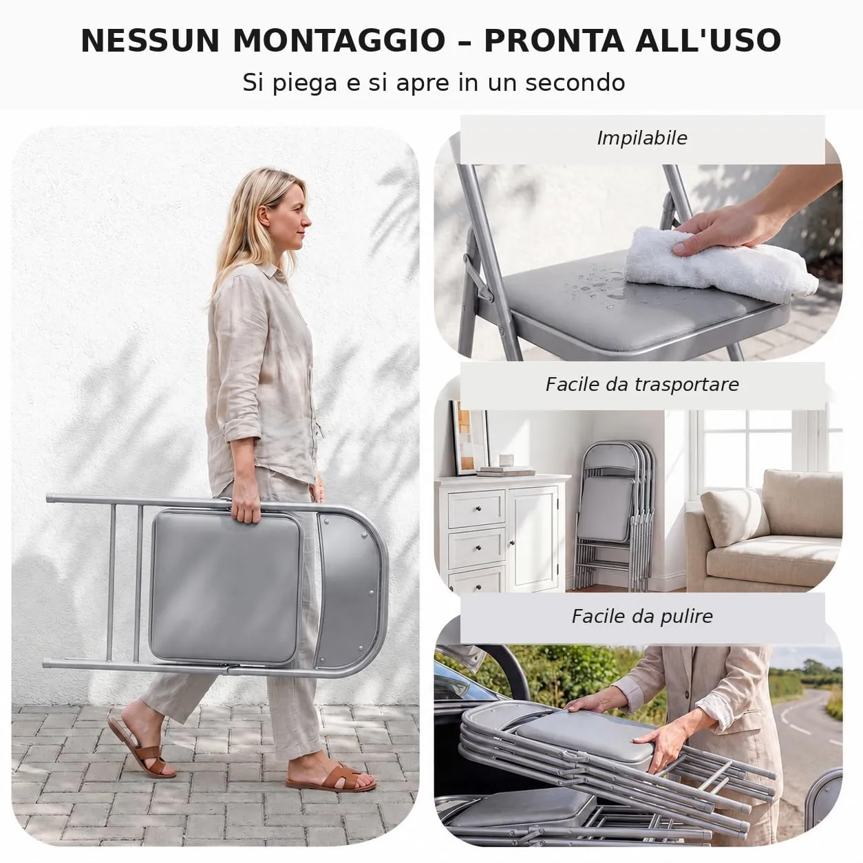 Asdsed Set di 8 Sedie Pieghevoli Imbottite, Portata 160 kg, Grigio - immagine 5
