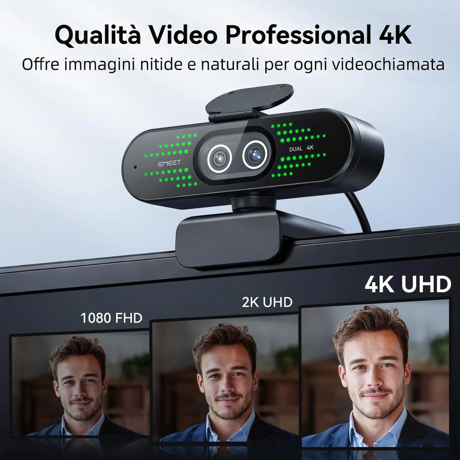 EMEET Nova 4K Dual Webcam per PC, Grandangolo e Teleobiettivo, Zoom Ibrido 11X, Autofocus PDAF, Telecomando, Luci RGB e Microfono - immagine 2