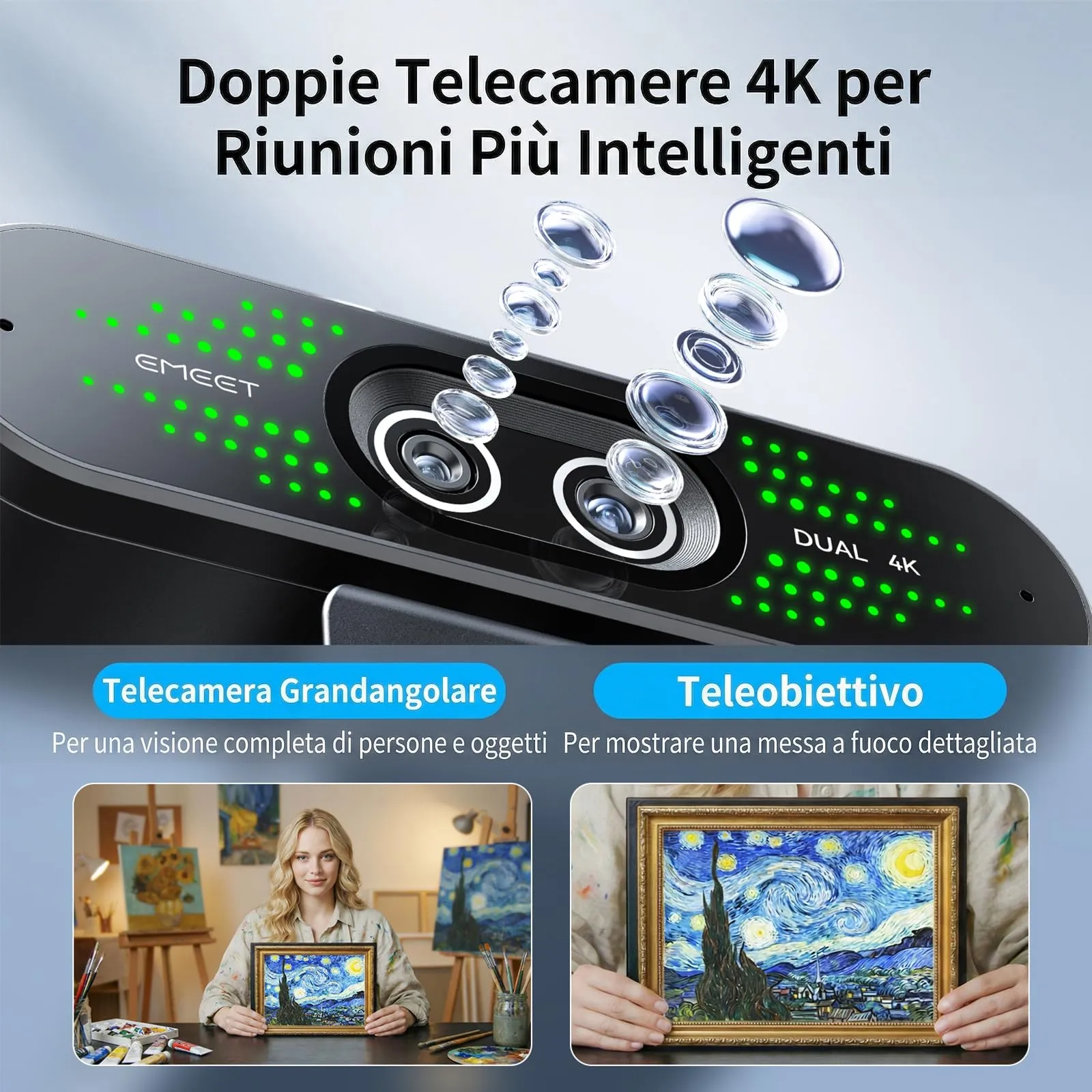 EMEET Nova 4K Dual Webcam per PC, Grandangolo e Teleobiettivo, Zoom Ibrido 11X, Autofocus PDAF, Telecomando, Luci RGB e Microfono - immagine 3