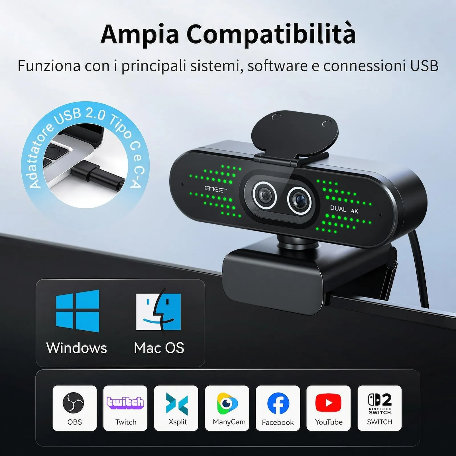 EMEET Nova 4K Dual Webcam per PC, Grandangolo e Teleobiettivo, Zoom Ibrido 11X, Autofocus PDAF, Telecomando, Luci RGB e Microfono - immagine 9