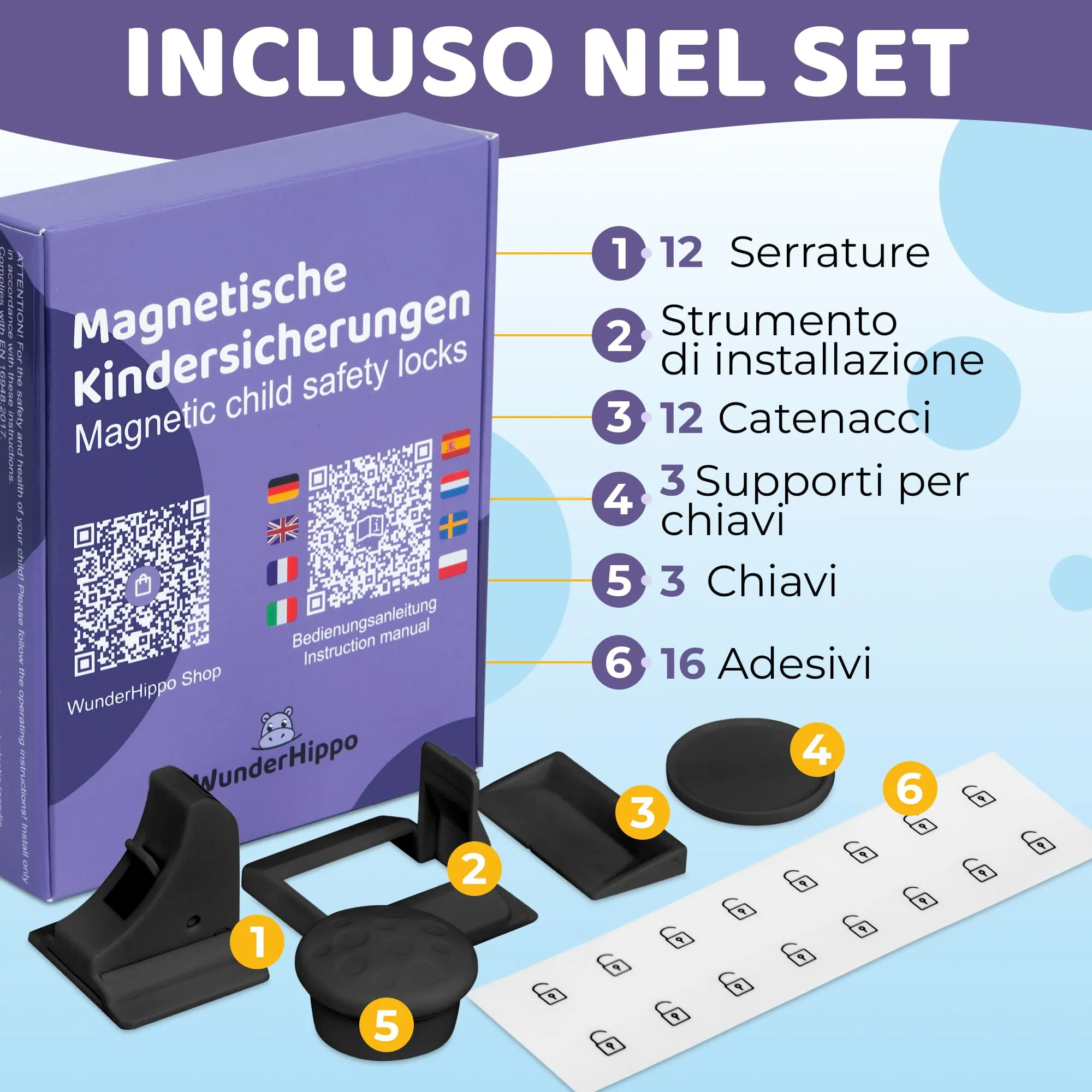 WunderHippo Chiusura Magnetica per Cassetti e Ante, 12 Serrature + 3 Chiavi, Nero - immagine 2