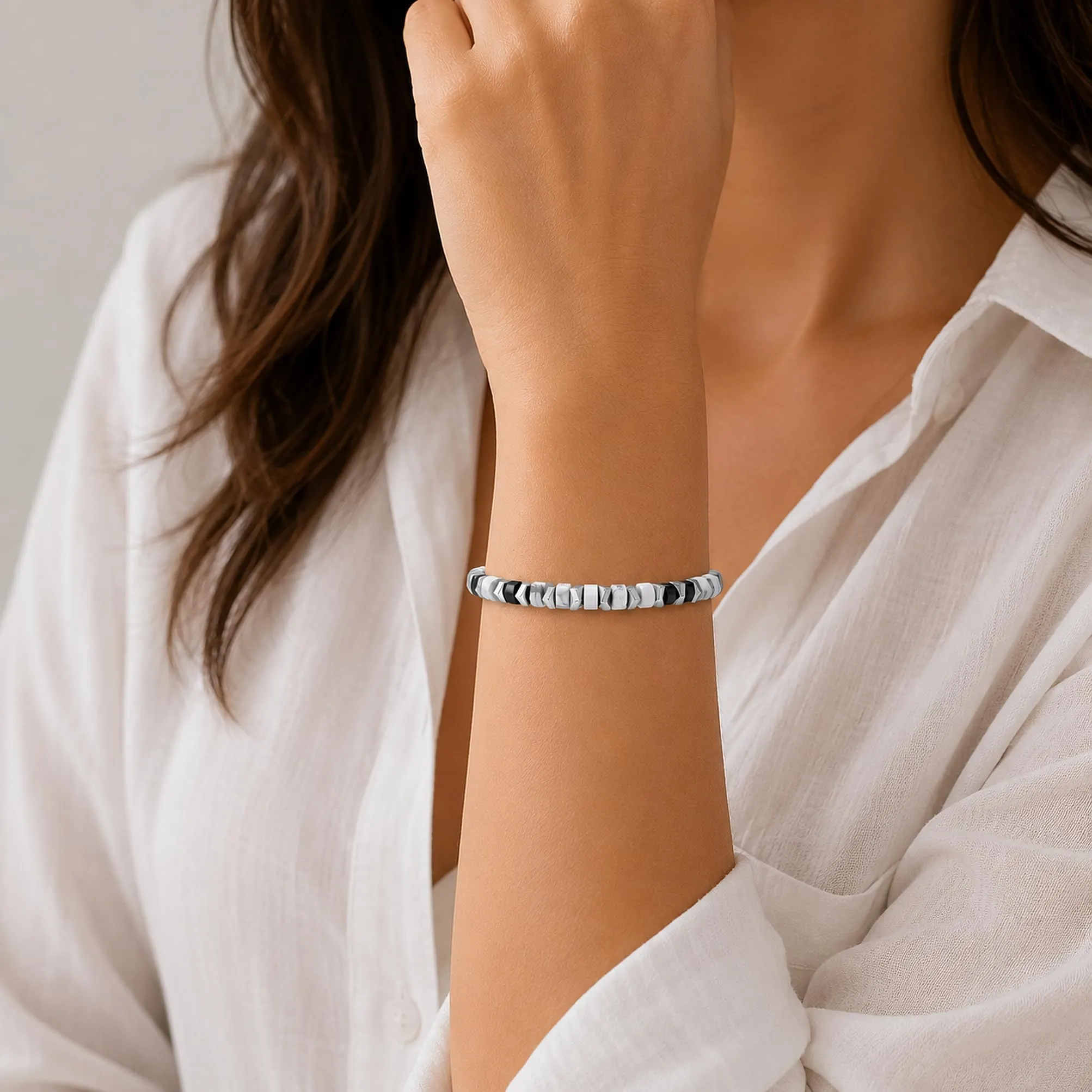 Dada Gioielli Bracciale Unisex in Acciaio Inossidabile e Pietre Naturali Multicolor Aulite Bianca + Nero - immagine 2