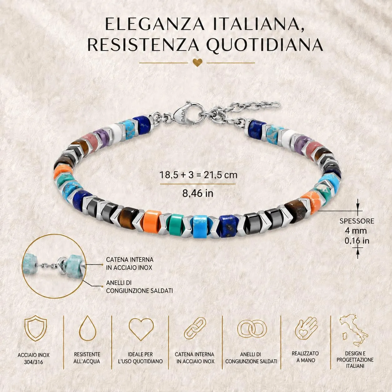 Dada Gioielli Bracciale Unisex in Acciaio Inossidabile e Pietre Naturali Multicolor - Verde + Lapis - immagine 4
