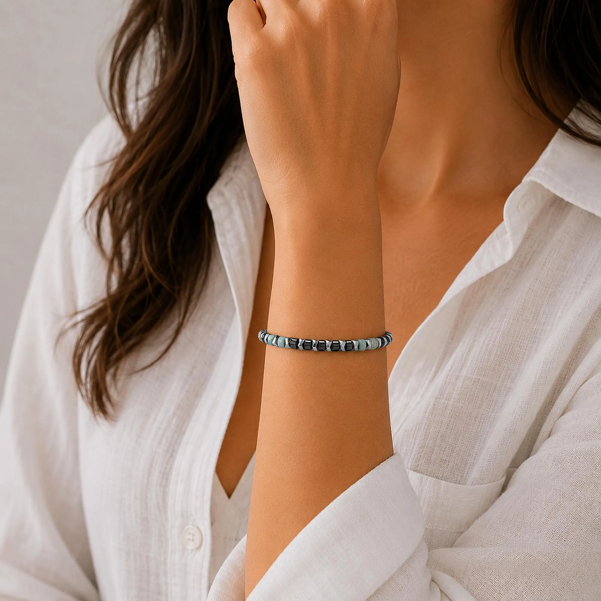 Dada Gioielli Bracciale Unisex in Acciaio Inossidabile e Pietre Naturali Multicolor (Nero + Amazonite) - immagine 2