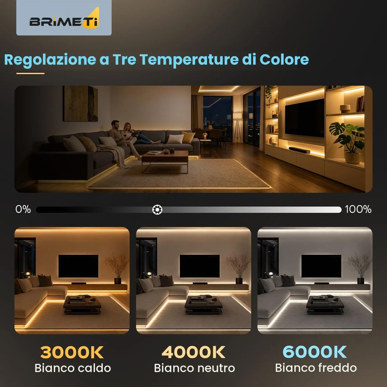 BRIMETI Striscia LED Dimmerabile CCT 220V con Telecomando IP65, 5 Metri - immagine 2