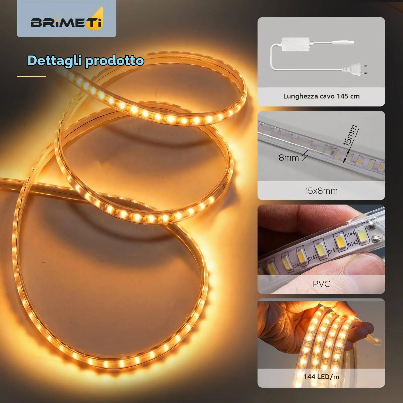 BRIMETI Striscia LED Dimmerabile CCT 220V con Telecomando IP65, 5 Metri - immagine 3