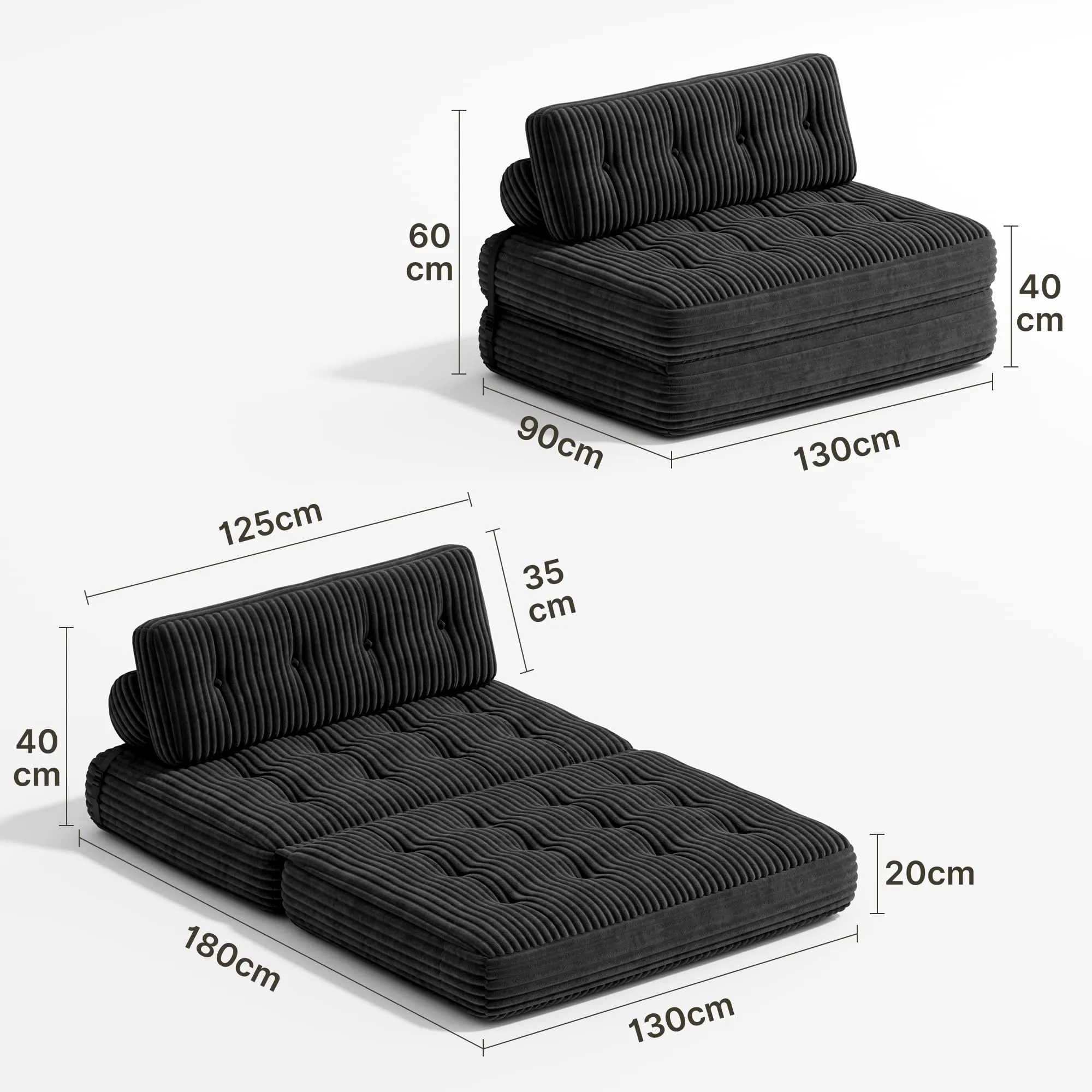 Xbro Divano Letto Matrimoniale 2 Posti Pieghevole, 180x130 cm, Grigio Scuro - immagine 3