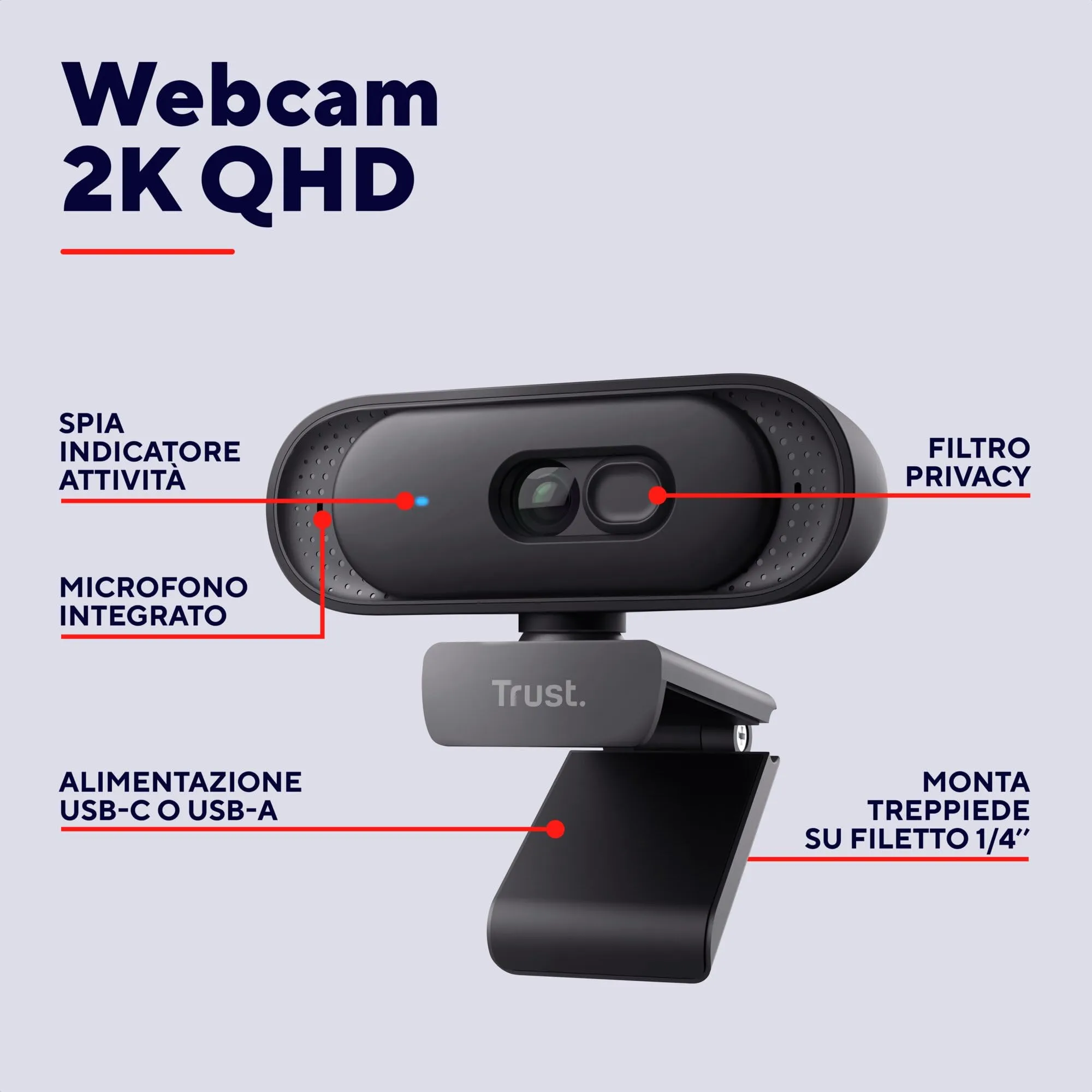 Trust Ovala 2K QHD Webcam con Microfono e Filtro Privacy, Nero - immagine 2