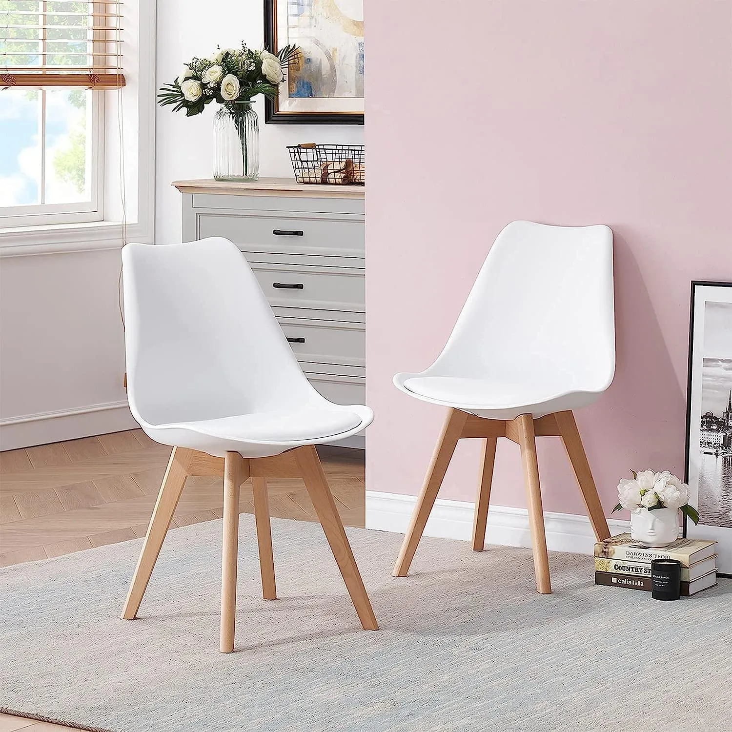 GrandCA HOME Set di 10 Sedie Imbottite con Gambe in Legno di Faggio, Bianco - immagine 3